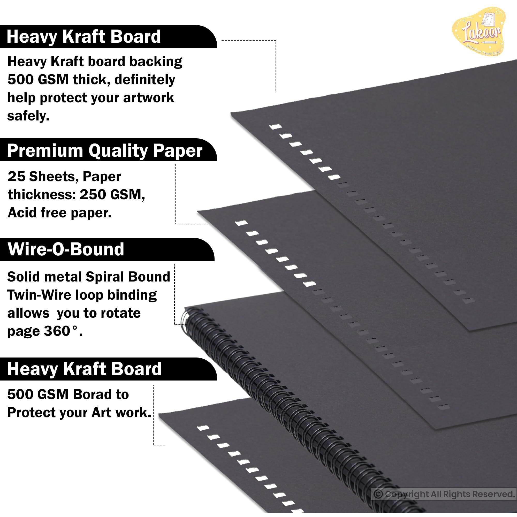 Lakeer Black Sketchbook - A3 Size|250 Gsm-25 Sheets, For Sketching, Drawing, Panting, Etc