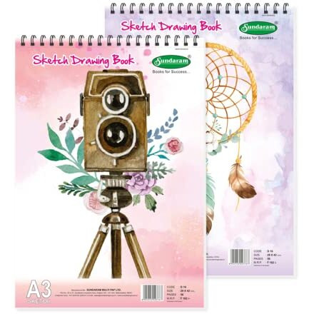 Sundaram A3 Sketch Book Spiral Bound, (Wiro) 56 Pages, (28 Sheets) 29 X 42 Cm Plain (Pack Of 2)
