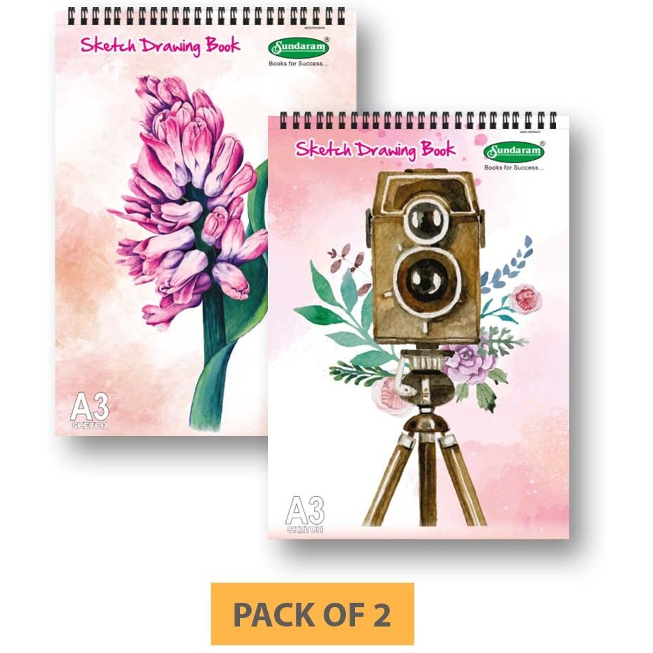Sundaram A3 Sketch Book Spiral Bound, (Wiro) 56 Pages, (28 Sheets) 29 X 42 Cm Plain (Pack Of 2)