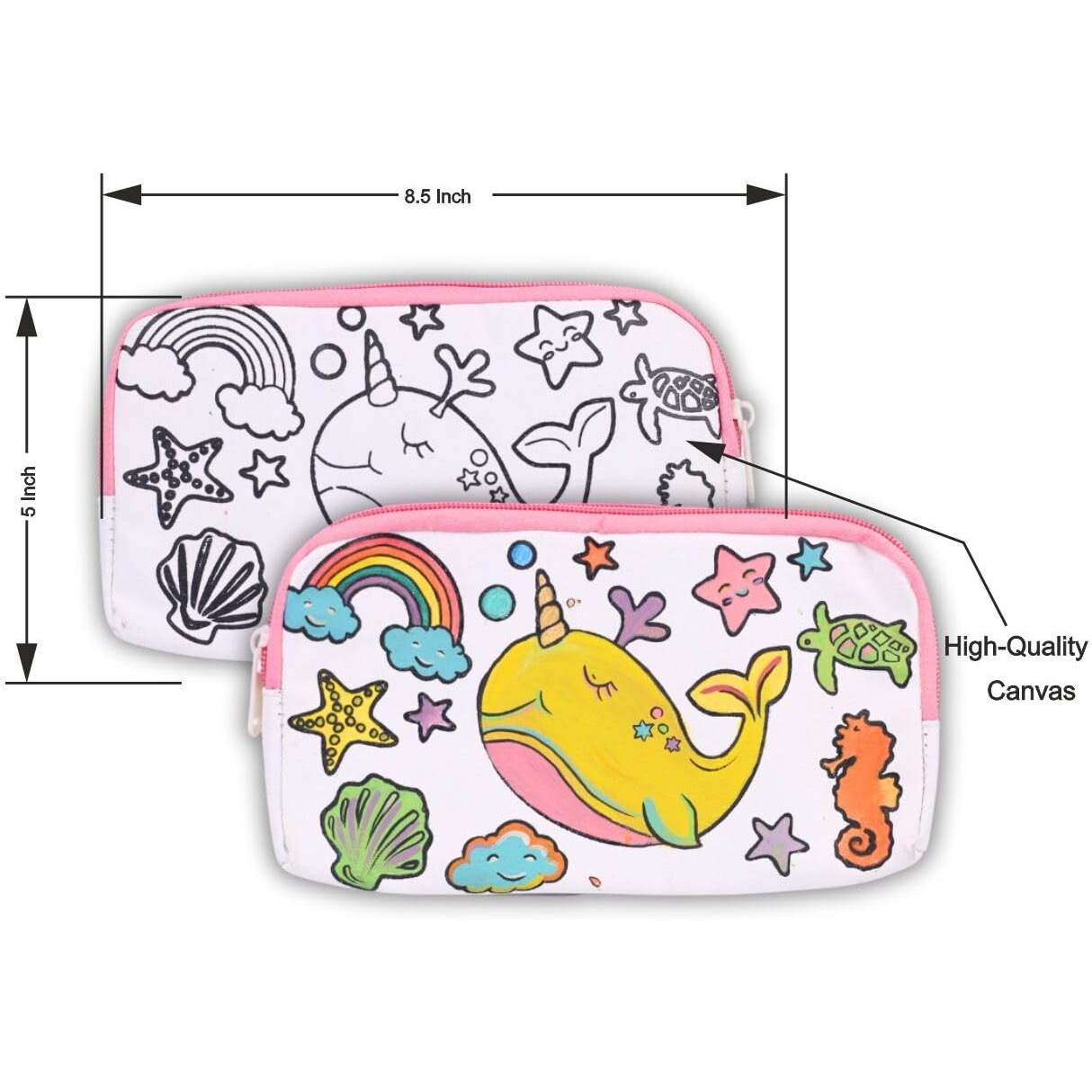 Hobby India Diy Canvas Pouch Painting Kit Set For Kids Pre-Printed Art & Craft For Girls Creative Activity Age 3,4,5, 6,7,8+ With Zipper Color & Brush (Whale)