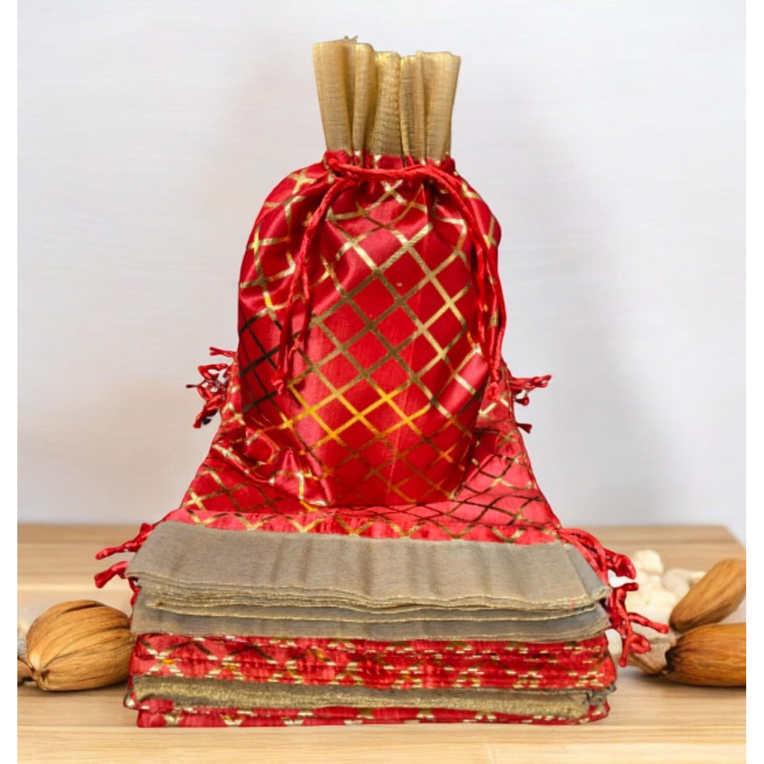 Pandeji Handcrafted Drawstring Pouch With Golden Grid Pattern/Berfi Print, Potli For Gift (Red Color 20Cmx30 Large, Set Of 15Pc)