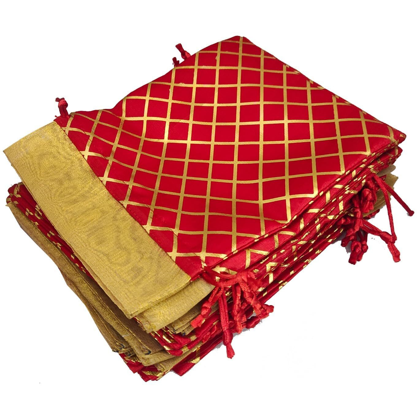 Pandeji Handcrafted Drawstring Pouch With Golden Grid Pattern/Berfi Print, Potli For Gift (Red Color 20Cmx30 Large, Set Of 15Pc)