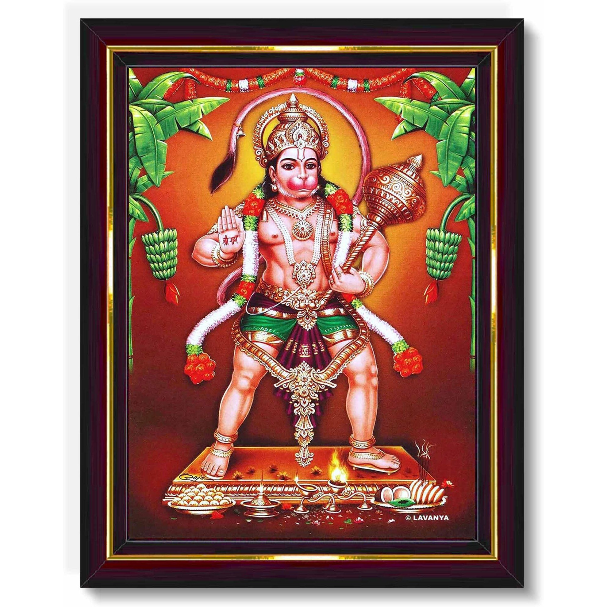 Pavan Photo Laminations Lord Hanuman Ji Hanumanji Jai Bajrangbali Wall Painting Framed Home Decor (Wood,Matte,Brown,Small Size,6 X 8 Inch) B759S