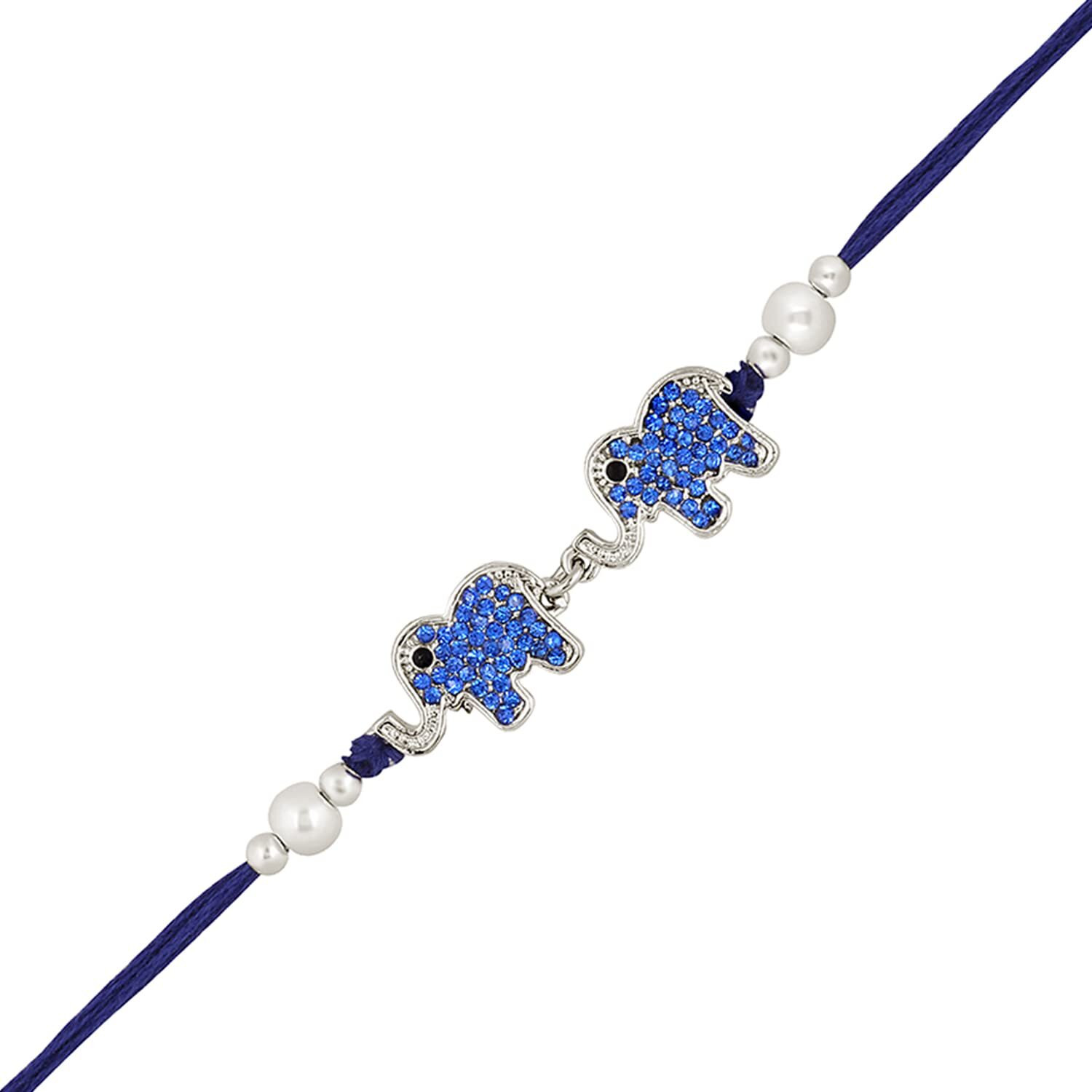 Mahi Dual Elephant Shape Blue Crystals Rakhi For Bhaiya/Brother (Ra1100688R)