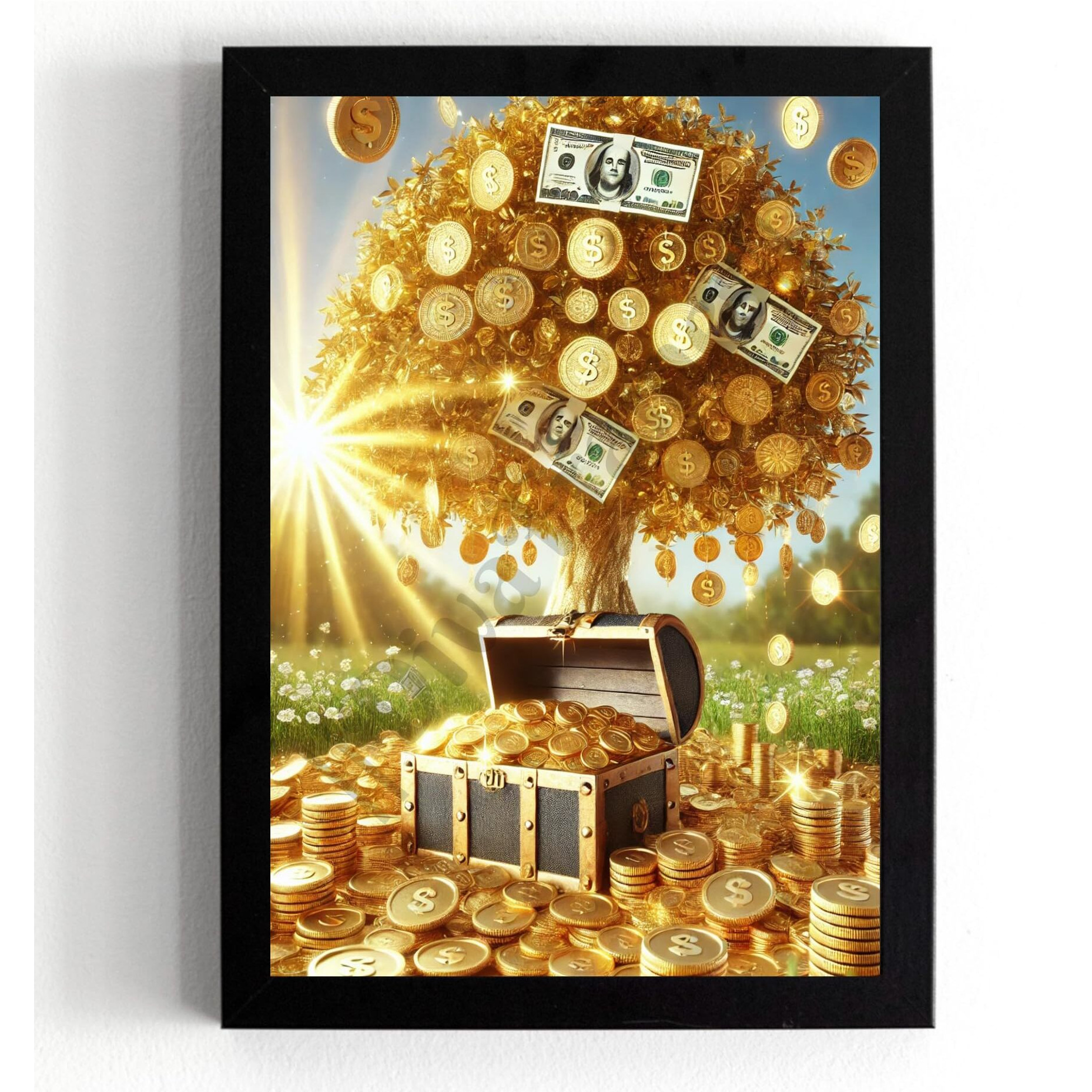 Divaframes Money Tree Painting For Good Luck, Vastu Paintings For Home, Golden Money Tree, Premium Wooden Frame Decor, 10 X 14 Inch