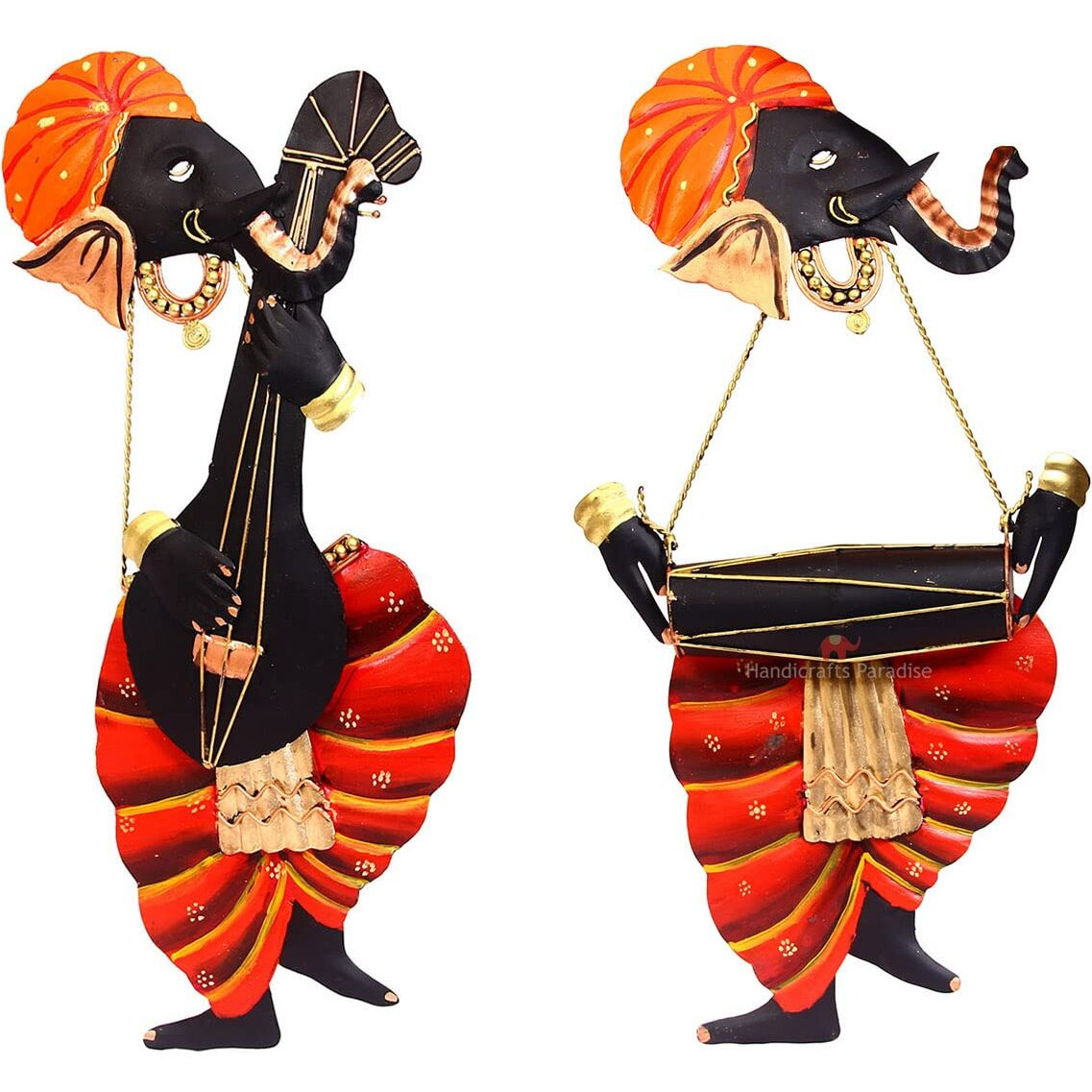 Handicrafts Paradise Iron Wall Decor Musician Ganesha, Set Of 2, 7 X 18 Inches