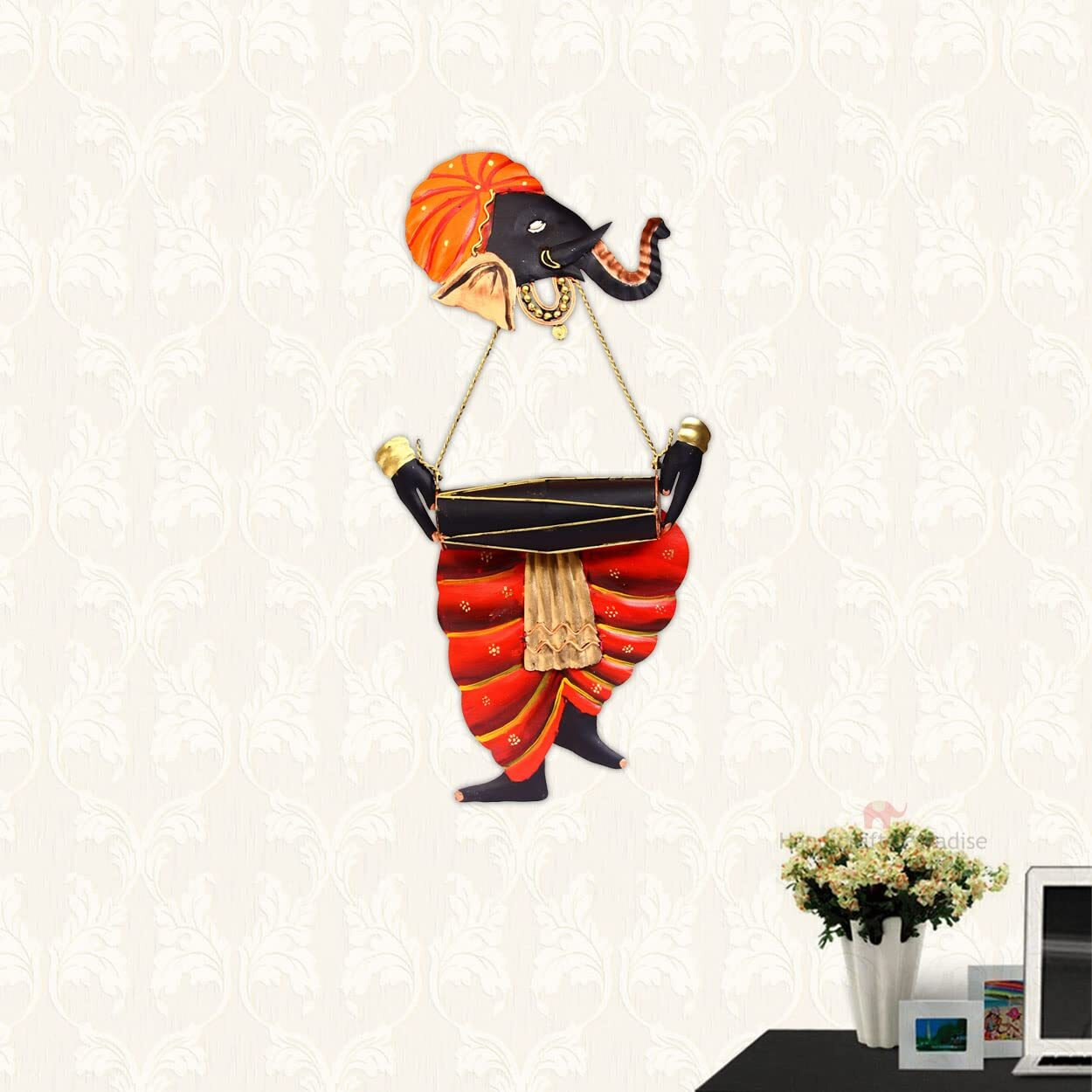 Handicrafts Paradise Iron Wall Decor Orange Black, Musician Ganesha, 9 X 18 Inches