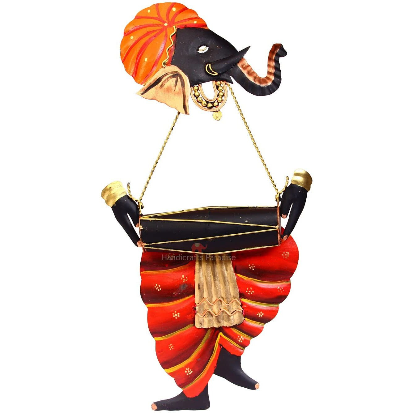 Handicrafts Paradise Iron Wall Decor Orange Black, Musician Ganesha, 9 X 18 Inches