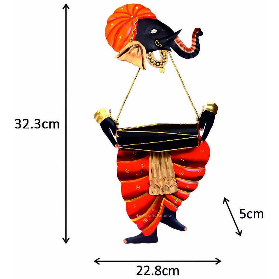Handicrafts Paradise Iron Wall Decor Orange Black, Musician Ganesha, 9 X 18 Inches