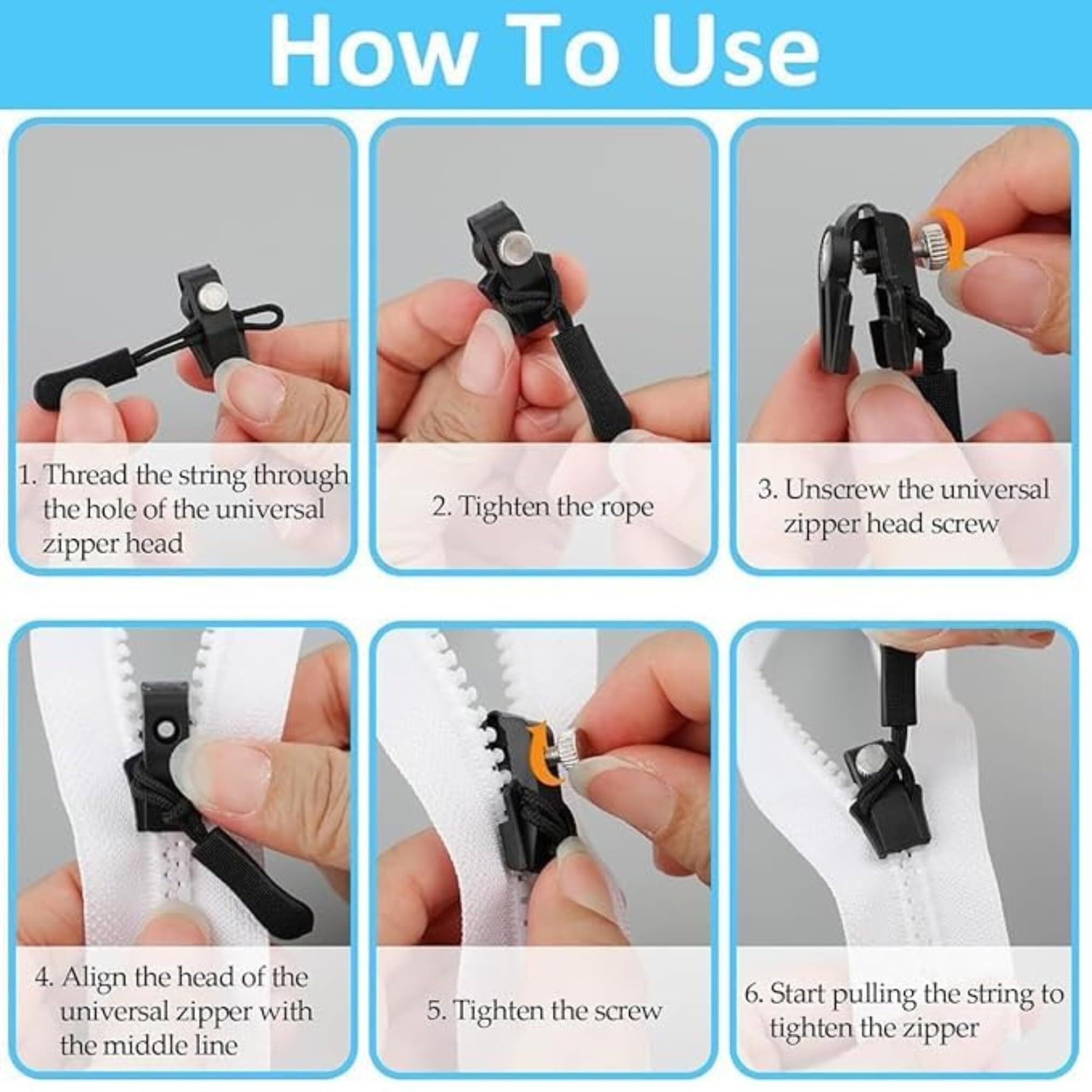 Popshy Zipper Repair Kit - Universal Zipper Slider Replacement, Adjustable Removable Zipper Fixer Kit With Nylon Pull Tabs Cords Clothing Fixer Tool For Luggage, Wallets, Jeans, Jackets (Pack Of 3)
