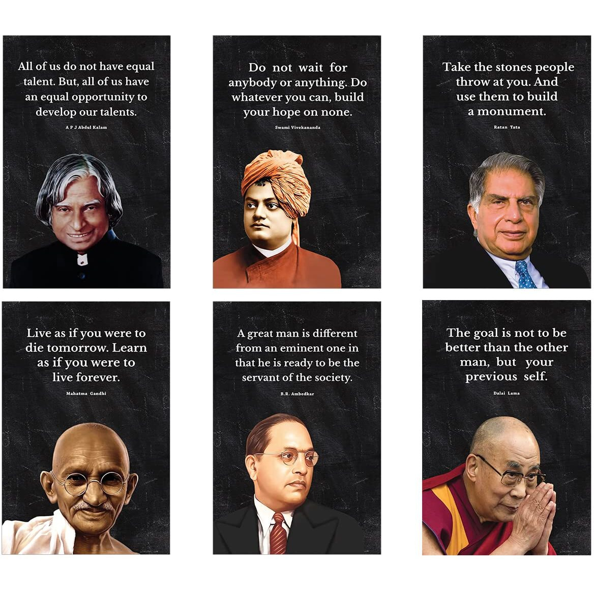 Chaka Chaundh Posters (Set Of 6) - Suitable Apj Abdul Kalam, Mahatma Gandhi, Swami Vivekananda, Ratan Tata, B R Ambedkar, Dalai Lama, Motivational Quotes Posters (18 X 12 Inches) Pper Paper