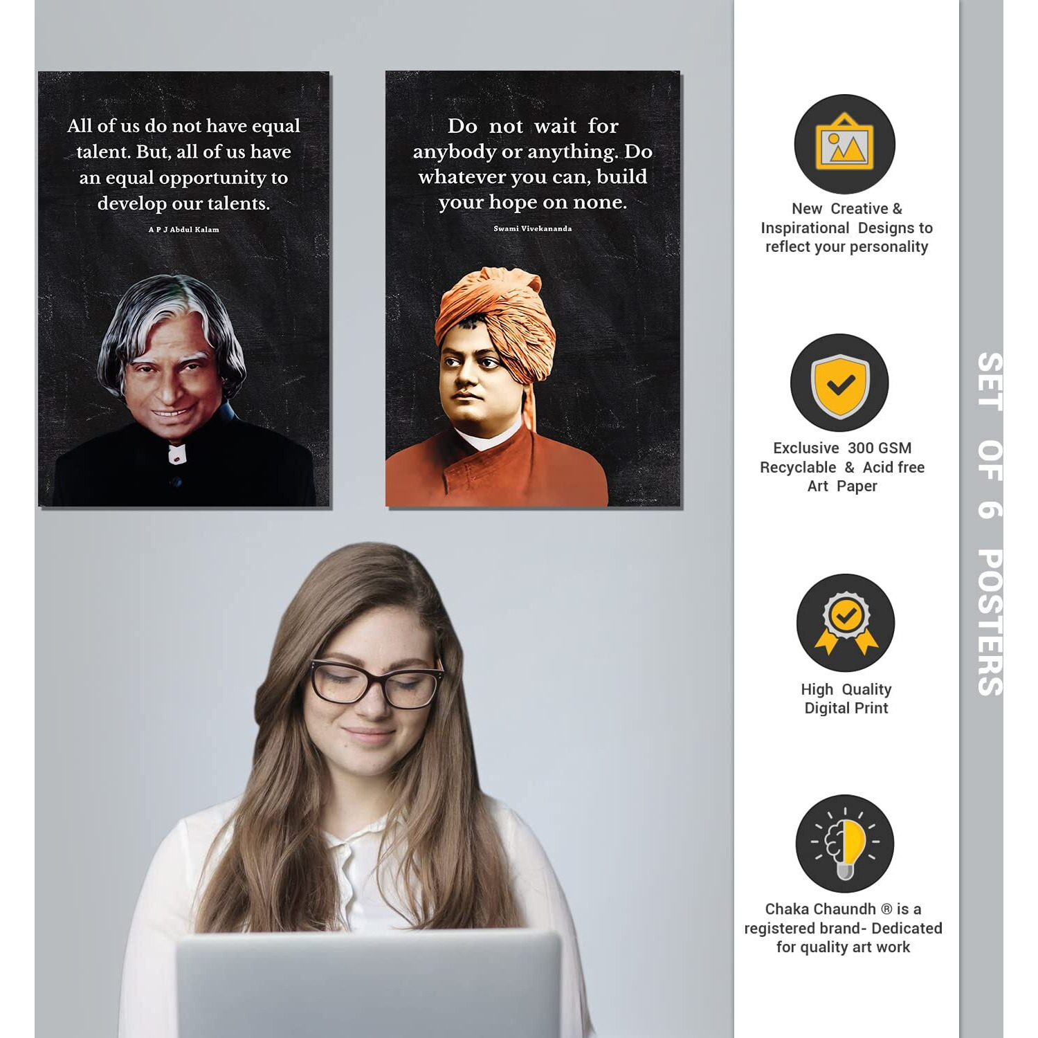 Chaka Chaundh Posters (Set Of 6) - Suitable Apj Abdul Kalam, Mahatma Gandhi, Swami Vivekananda, Ratan Tata, B R Ambedkar, Dalai Lama, Motivational Quotes Posters (18 X 12 Inches) Pper Paper