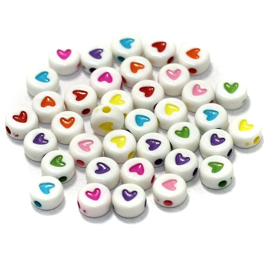 Beadsnfashion 500 Pcs Acrylic Round Heart Beads Multicolor 6Mm With 10 Mtrs Crystal String Elastic Cord For Jewellery Making, Diy Bracelets, Necklace, Key Chains And Kids Jewellery