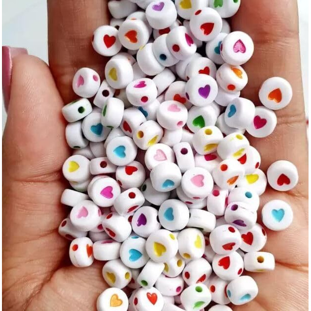Beadsnfashion 500 Pcs Acrylic Round Heart Beads Multicolor 6Mm With 10 Mtrs Crystal String Elastic Cord For Jewellery Making, Diy Bracelets, Necklace, Key Chains And Kids Jewellery
