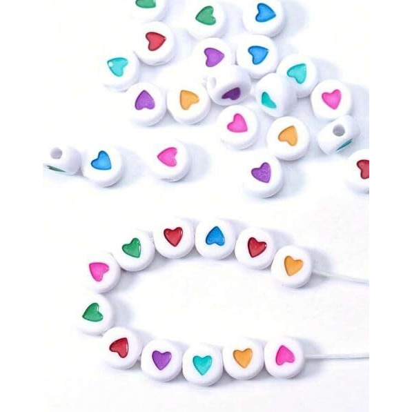 Beadsnfashion 500 Pcs Acrylic Round Heart Beads Multicolor 6Mm With 10 Mtrs Crystal String Elastic Cord For Jewellery Making, Diy Bracelets, Necklace, Key Chains And Kids Jewellery
