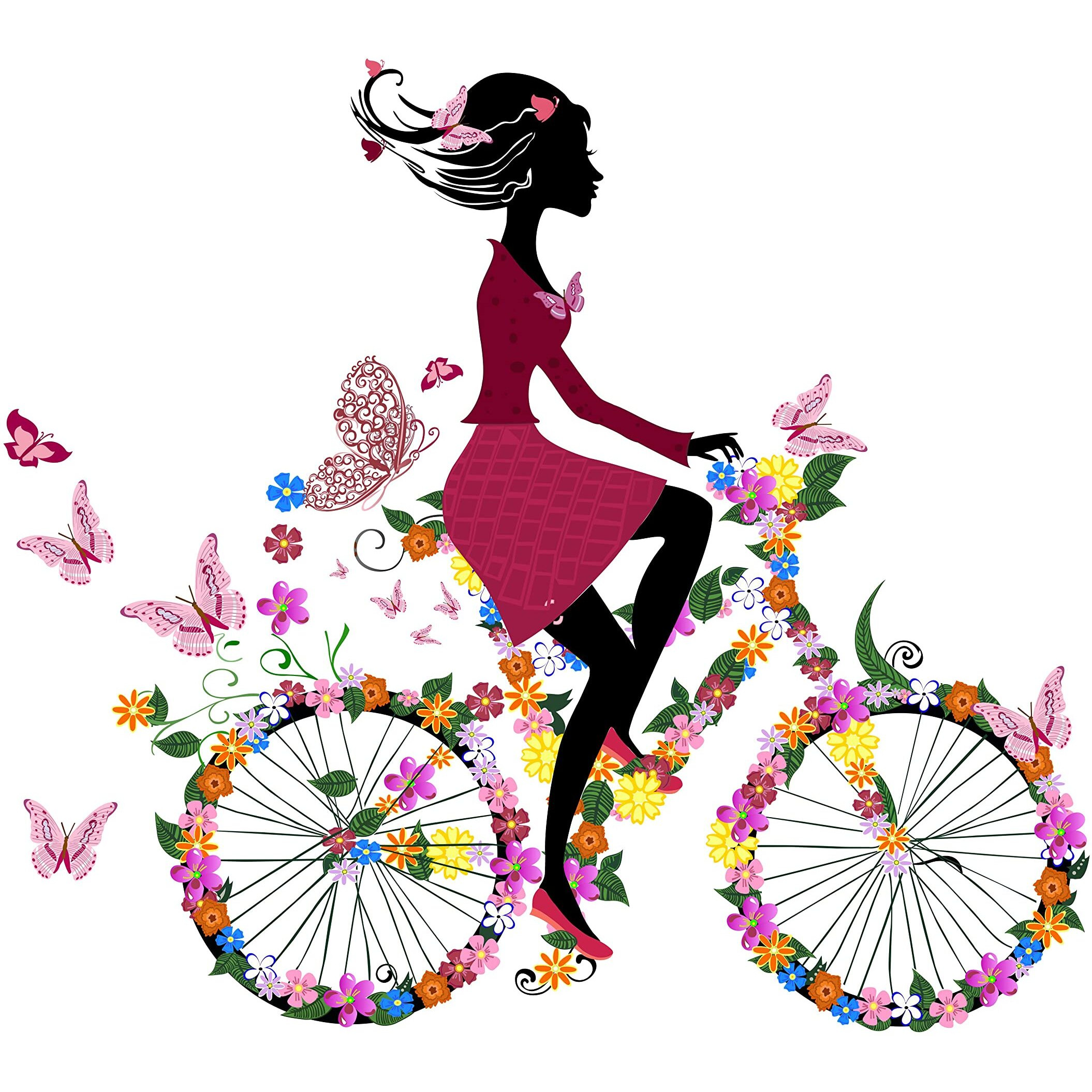 Dreamkraft Girl On Bicycle With Flowers Wall Sticker Eye Catching Wall Sticker For Home Decor, Kid's Room Decor (Multicolor, Pvc Vinyl, 87 X 97 Cm)