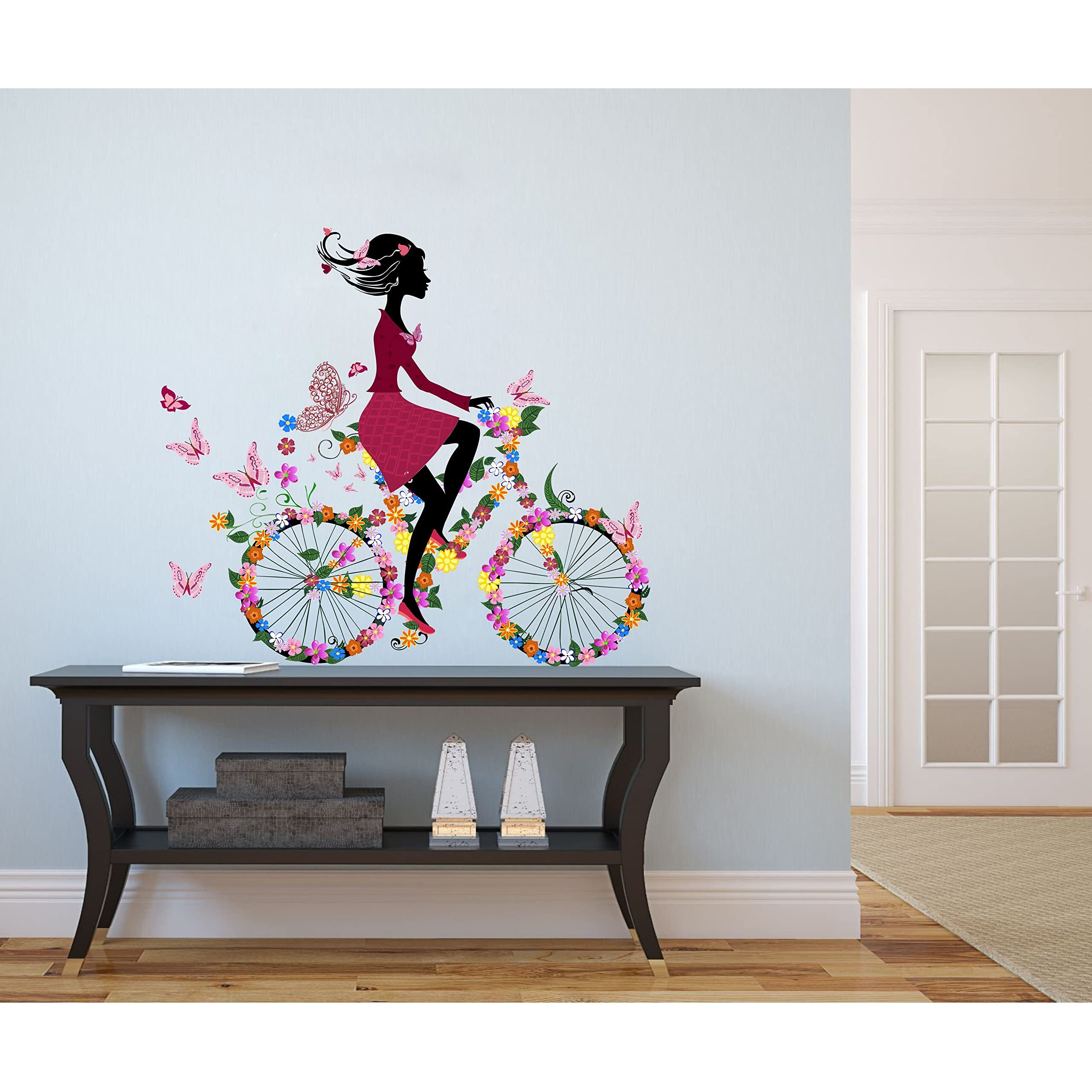 Dreamkraft Girl On Bicycle With Flowers Wall Sticker Eye Catching Wall Sticker For Home Decor, Kid's Room Decor (Multicolor, Pvc Vinyl, 87 X 97 Cm)
