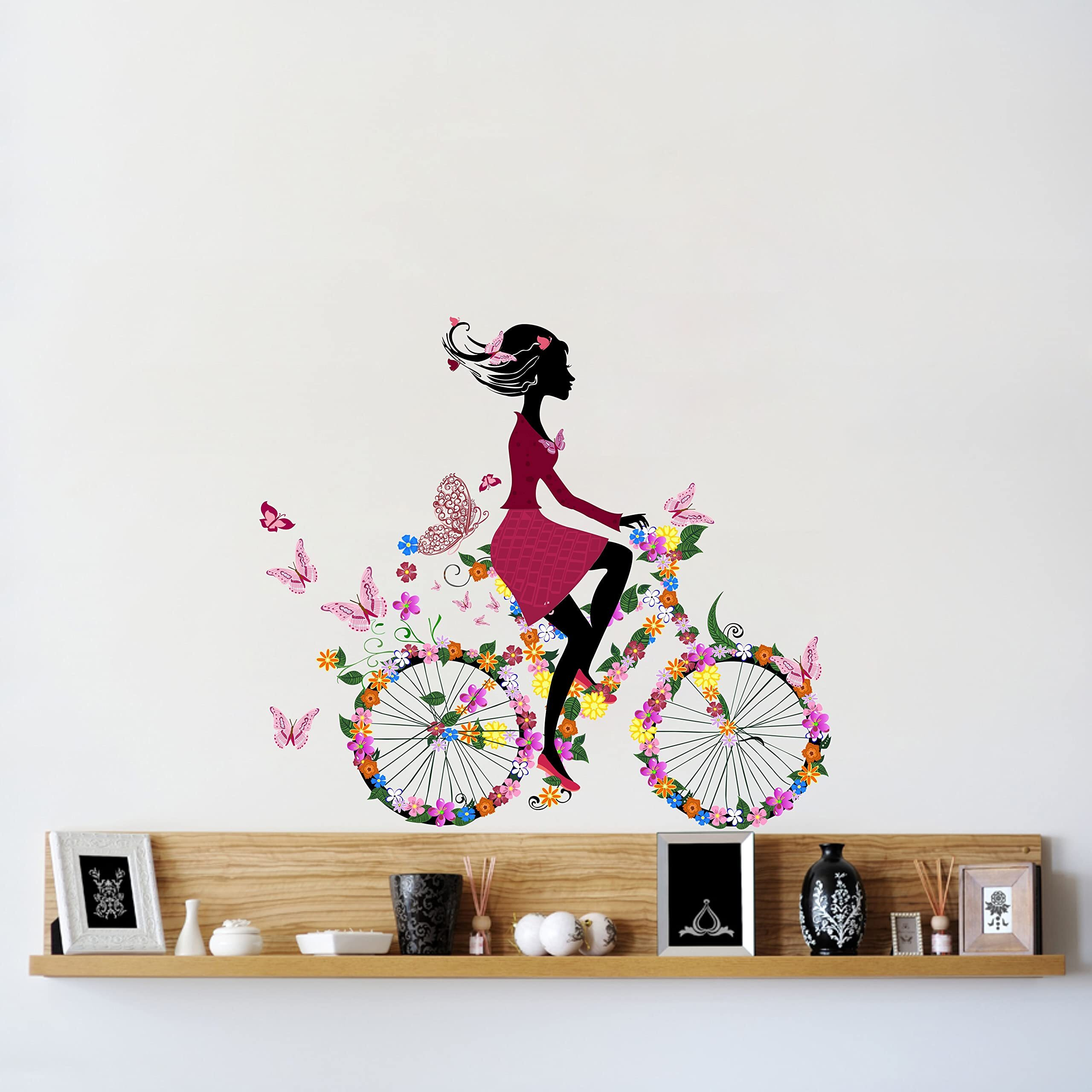 Dreamkraft Girl On Bicycle With Flowers Wall Sticker Eye Catching Wall Sticker For Home Decor, Kid's Room Decor (Multicolor, Pvc Vinyl, 87 X 97 Cm)