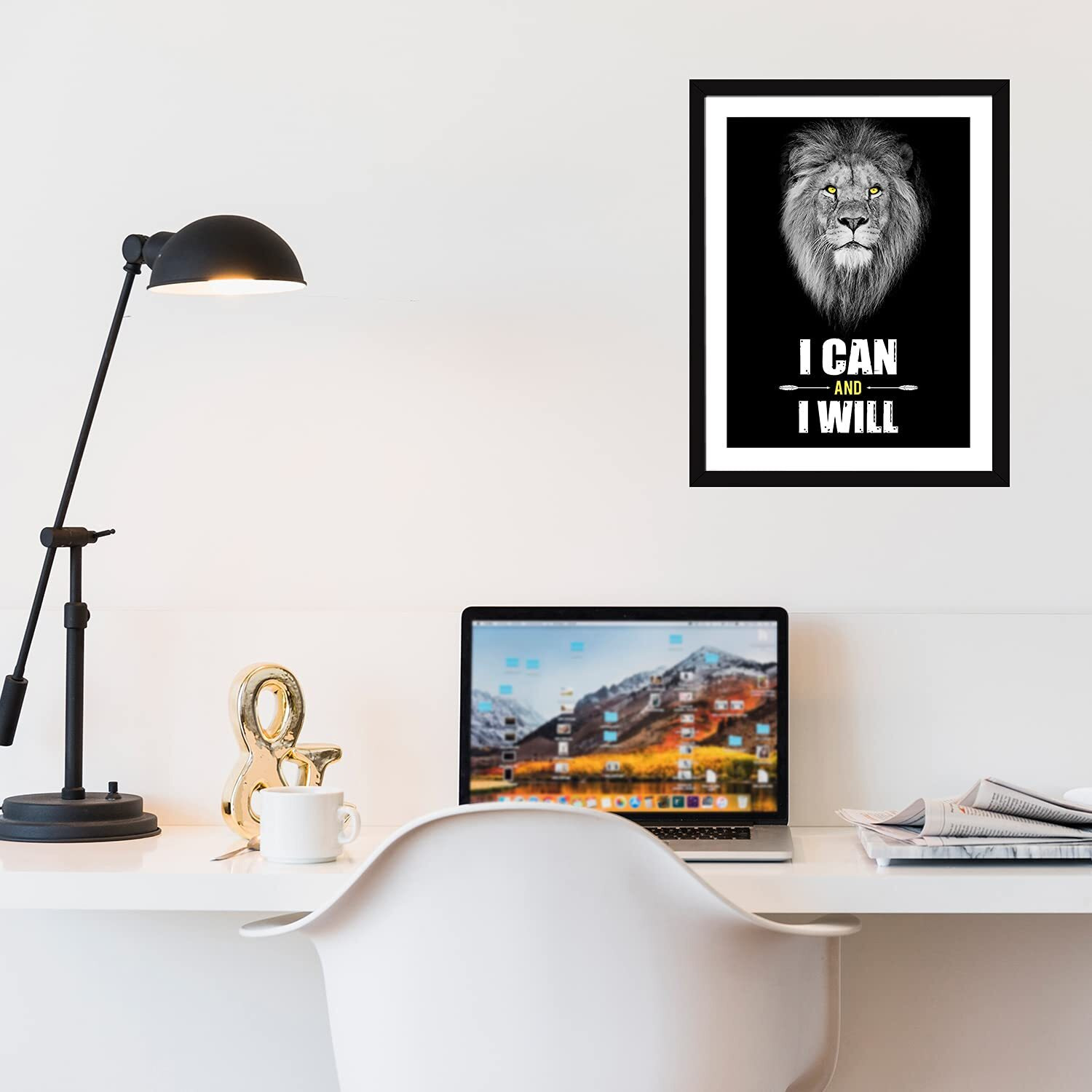 Chaka Chaundh - Motivational Quotes Frames - Framed Posters With Frame Quotes Wall Frames For Office & Student-Photos With Quotes-(13.6 X 10.6 Inches) (I Can & I Will - Lion - Black), Acrylic