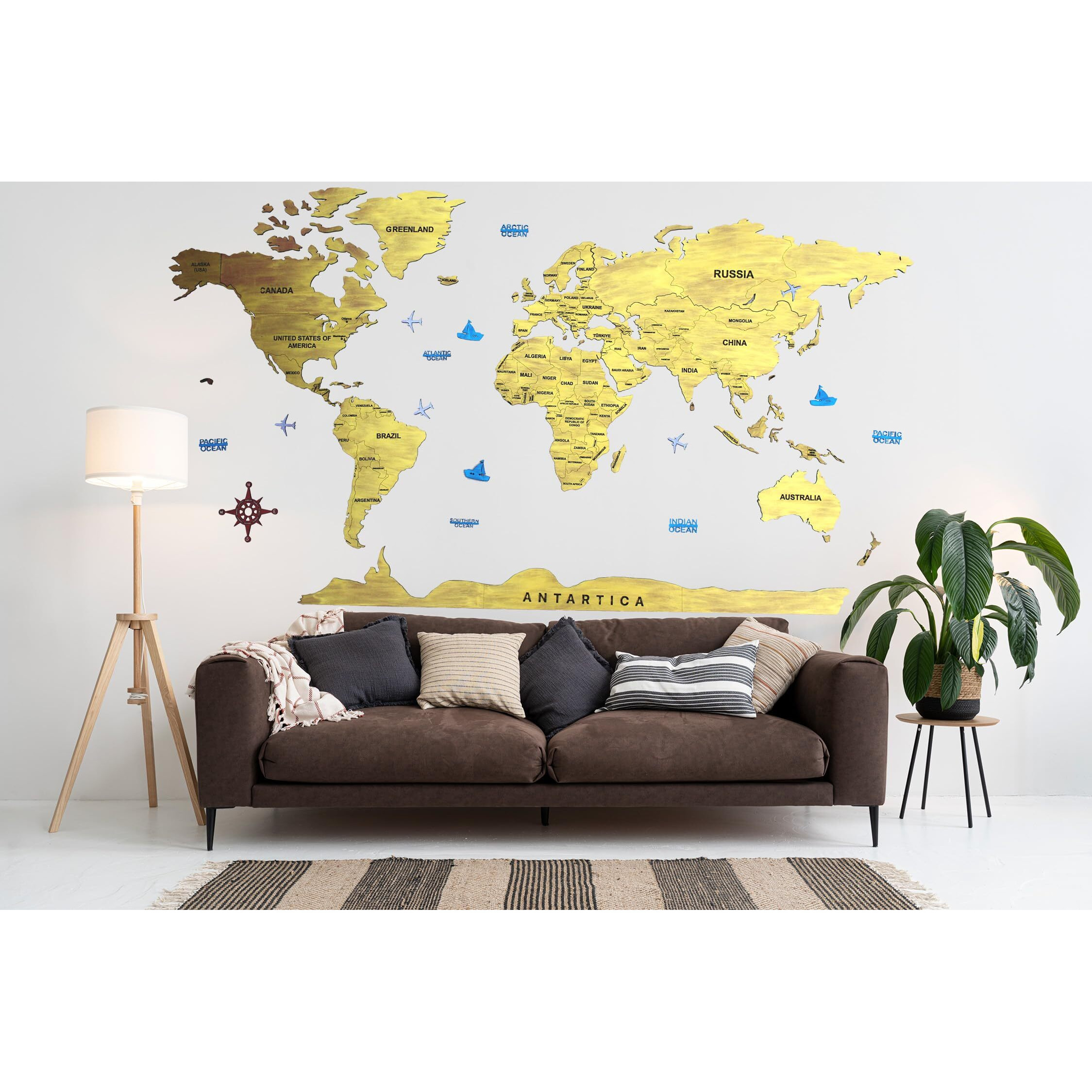 3D Wooden World Map Wall Decor - Metallic Royal Gold Color - Perfect Living Room Wall Decor For Travel Enthusiasts SizeL (156X89Cm)