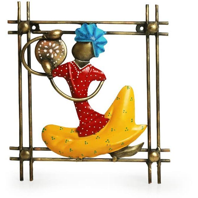 Exclusivelane 'Rajasthani Thaalwala Artist' Iron Handmade & Handpainted Decorative Wall Decor Hanging For Living Room Bedroom Home Decoration (8.9 X 1.2 X 9.9 Inch)(Multicoloured)