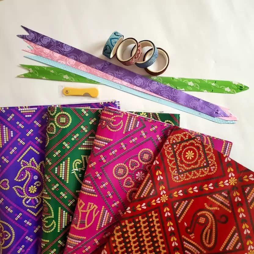 Sejascollections Products Pack Of 20 Jaipuri Chunri Print Gift Wrapping Paper Sheets With 4 Glitter Tape,4 Flower Ribbon For Multipurpose Use Combo Pack Of 20 Sheets