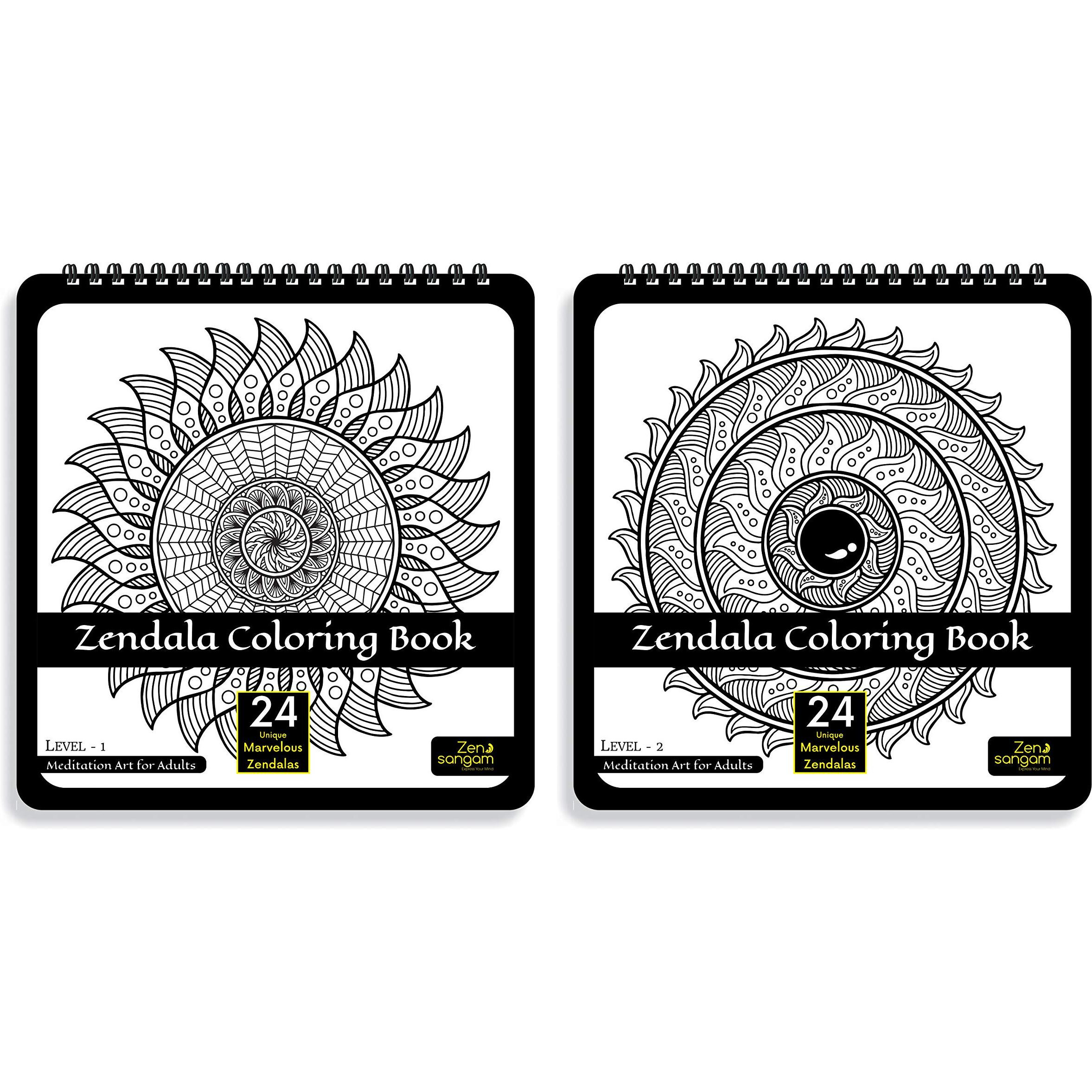 Zen Sangam - Set Of 2 Zendala Meditation Adults Coloring Book - Expert Designs Level 1 And Level 2 (Zentangle + Mandala)