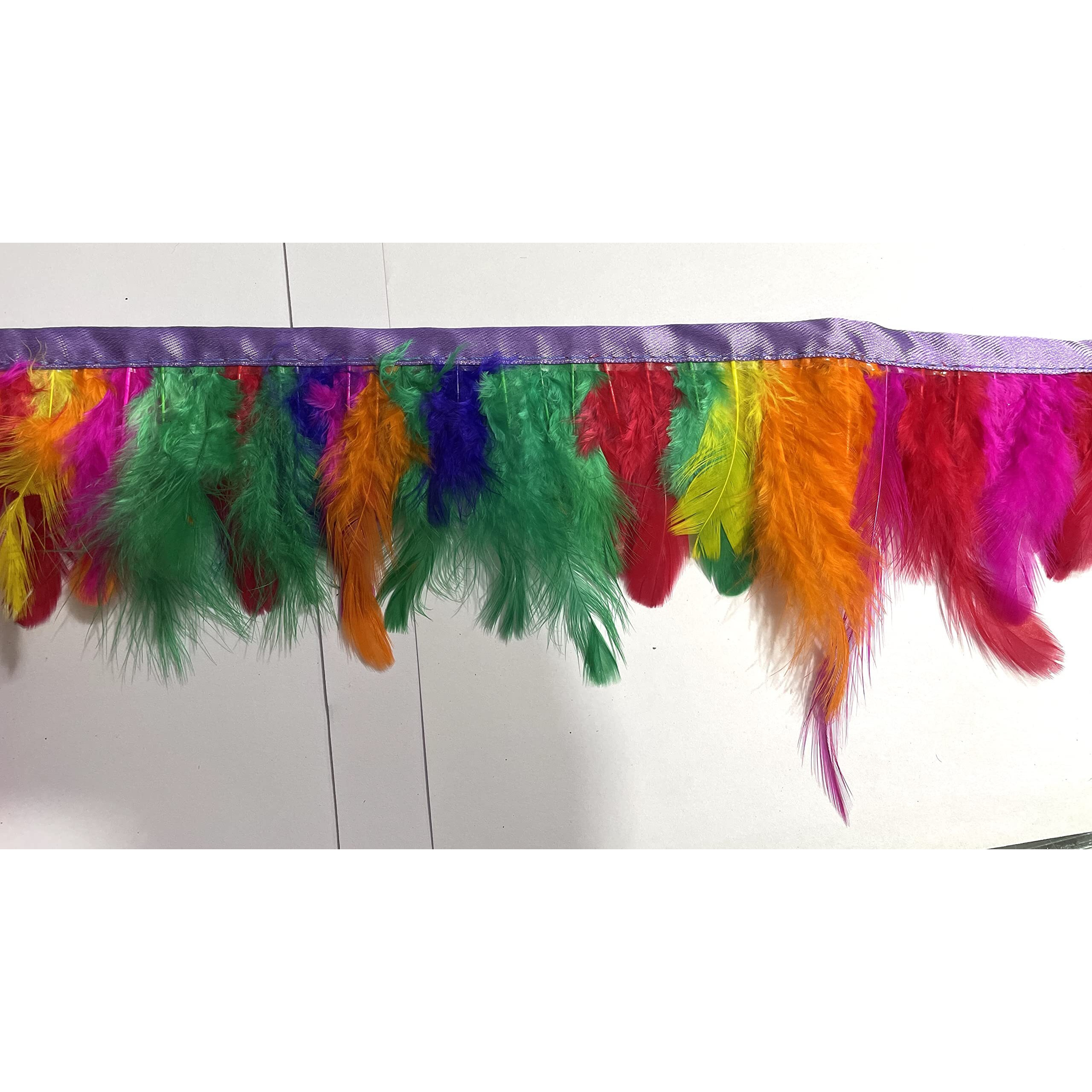 Omx Natural Dyed Feathers Lace (2-4 Inch) (9 Mtr, Multi Colour), Colour Of Feather May Vary As This Is Multi Colour Lace