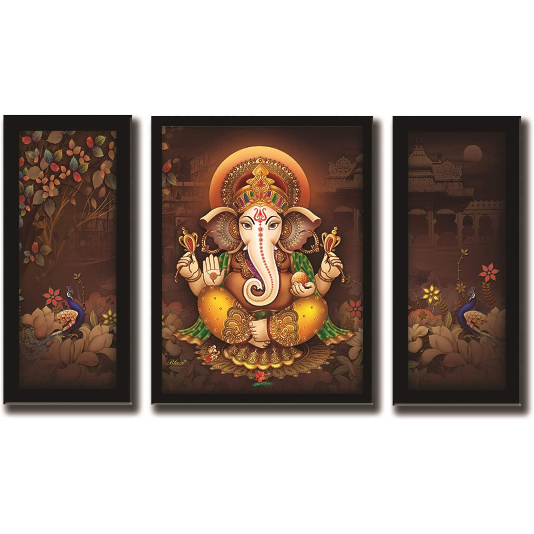 Lifehaxtore Ganesha Art Framed Painting | Uv Textured | 3 Panel Painting | Ready To Hang- (Wood, 24 Inch X 18 Inch)