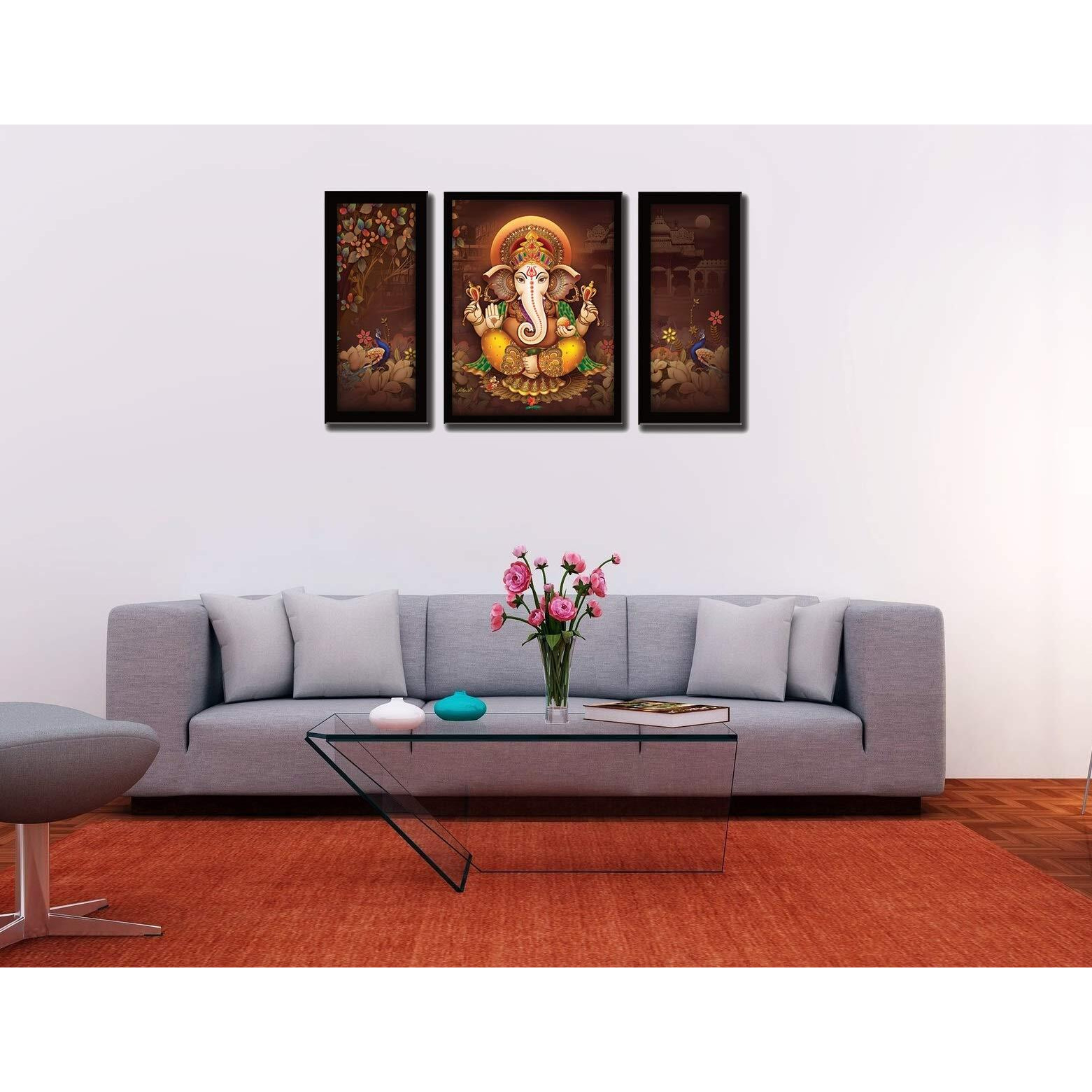 Lifehaxtore Ganesha Art Framed Painting | Uv Textured | 3 Panel Painting | Ready To Hang- (Wood, 24 Inch X 18 Inch)