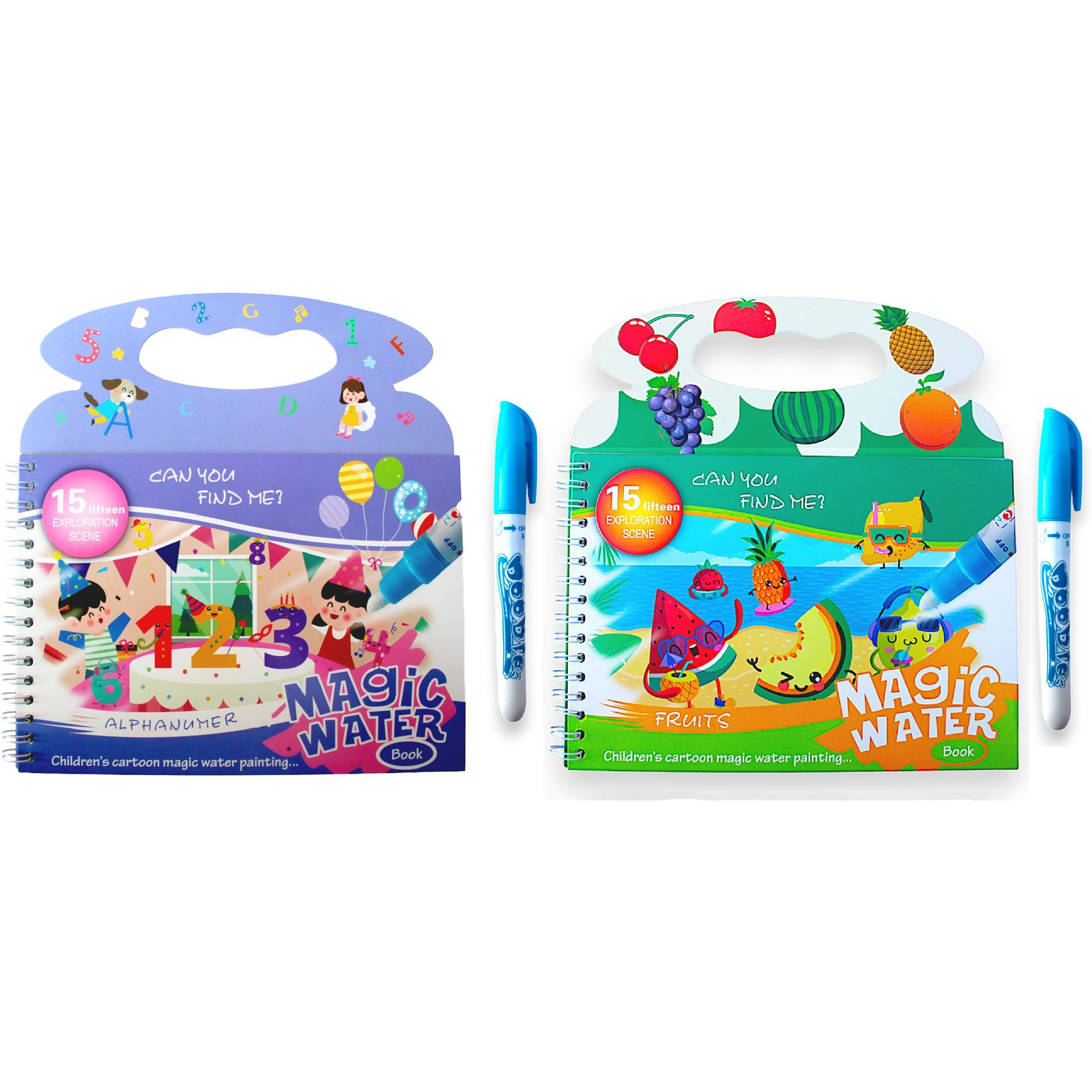 Glun Children's Cartoon Water Magic Painting Book With Marker, 15 Different Exploration Scenes, Different Theme Magic Book (Combo 1)