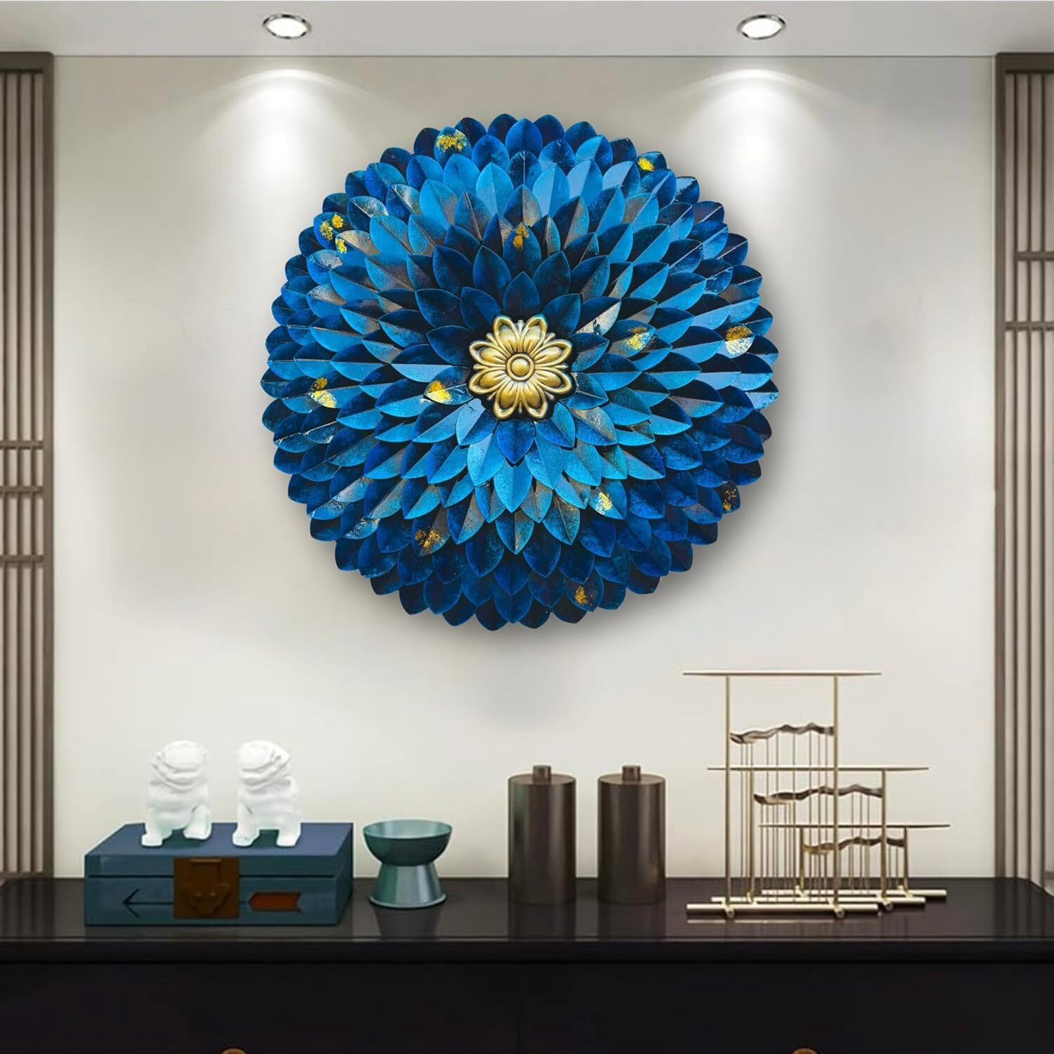 Anshika International Metal Wall Hanging Rajasthani Ethnic Blue Flower Wall Sculpture Metal Centre Piece Decorative Wall-Mount Hanging Sculpture For Home, Office, Hotel Wall Decoration 24Inch