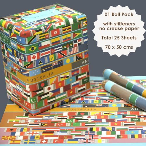 Evince - Thoughtful Presentations Classic All 195 Country Flags Gift Wrapping Paper For Birthday Anniversary Diwali Office Corporate Gifting | Scrapbook Decorative Paper (20" X 28") (Pack Of 25)
