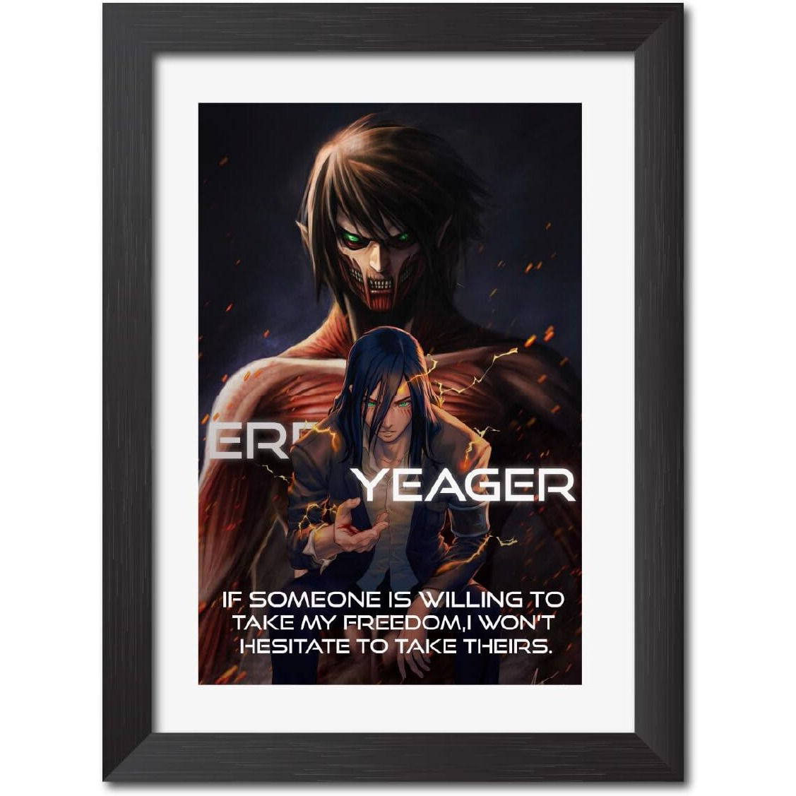 Tenorarts Eren Yeager Quotes Poster Attack On Titan Anime Laminated Poster Framed Paintings With Matt Finish Black Frame (12Inches X 9Inches)