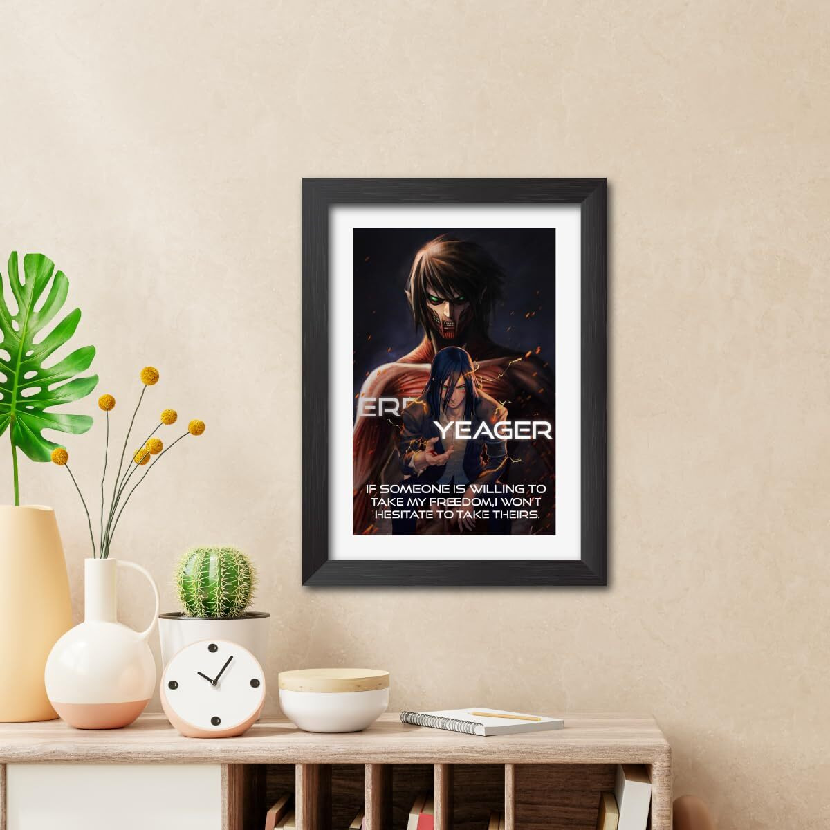 Tenorarts Eren Yeager Quotes Poster Attack On Titan Anime Laminated Poster Framed Paintings With Matt Finish Black Frame (12Inches X 9Inches)