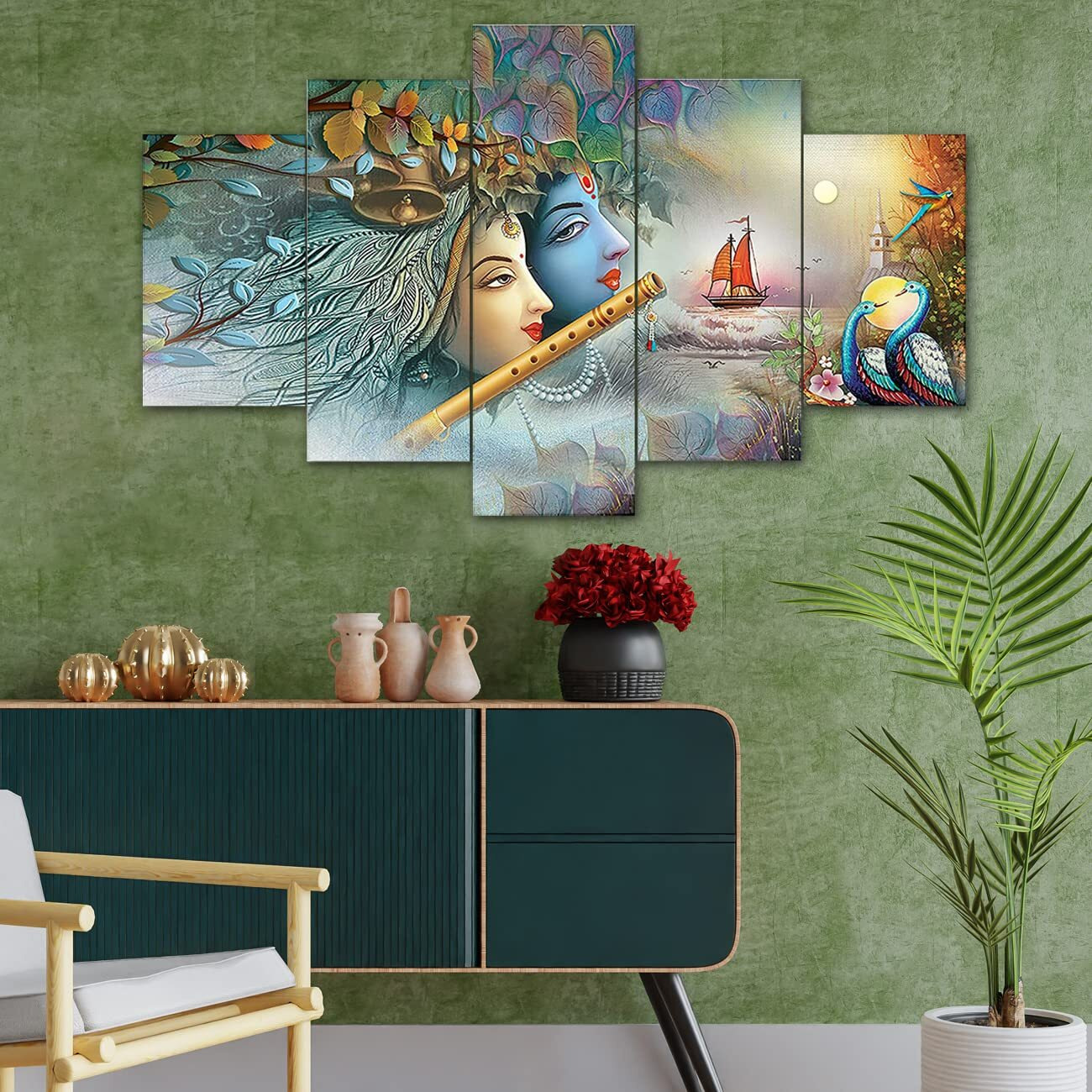 Perpetual Radha Krishna Painting For Wall Decoration - Set Of 5, 3D Scenery Wall Painting For Bedroom Large Size With Frames For Wall Decor And Home Decoration, Hotel, Office (125 Cm X 60 Cm) K3J