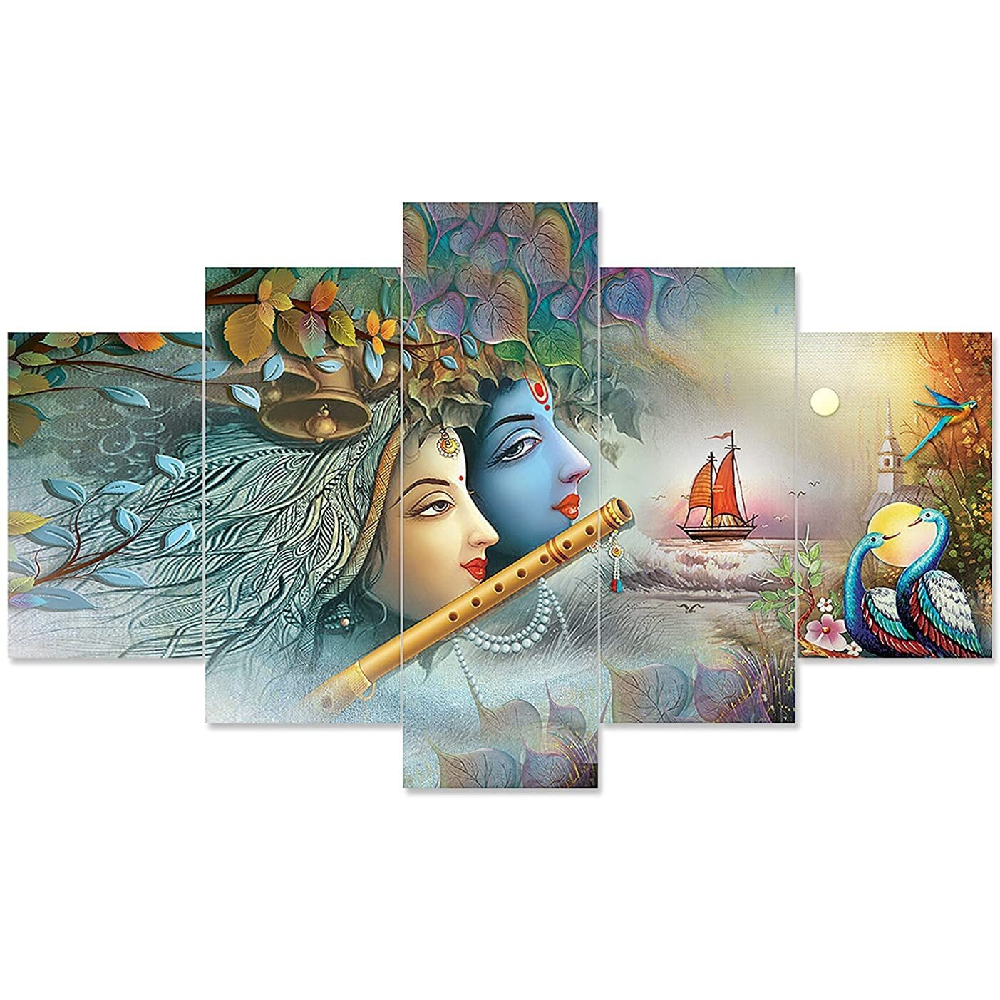 Perpetual Radha Krishna Painting For Wall Decoration - Set Of 5, 3D Scenery Wall Painting For Bedroom Large Size With Frames For Wall Decor And Home Decoration, Hotel, Office (125 Cm X 60 Cm) K3J