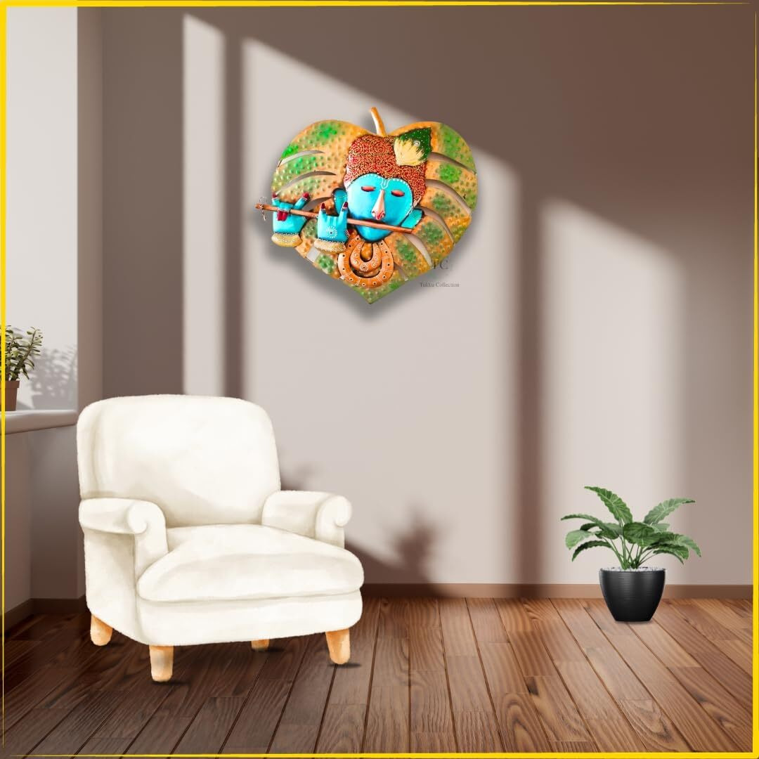 Tukku Collections Metal Krishna Playing Flute For Wall Decor | Wall Hanging Decor For Living Room & Bedroom | Home Decorative Items | Wall Art | Wall Decor | Multicolour | 48 X 3.5 X 48 Cm