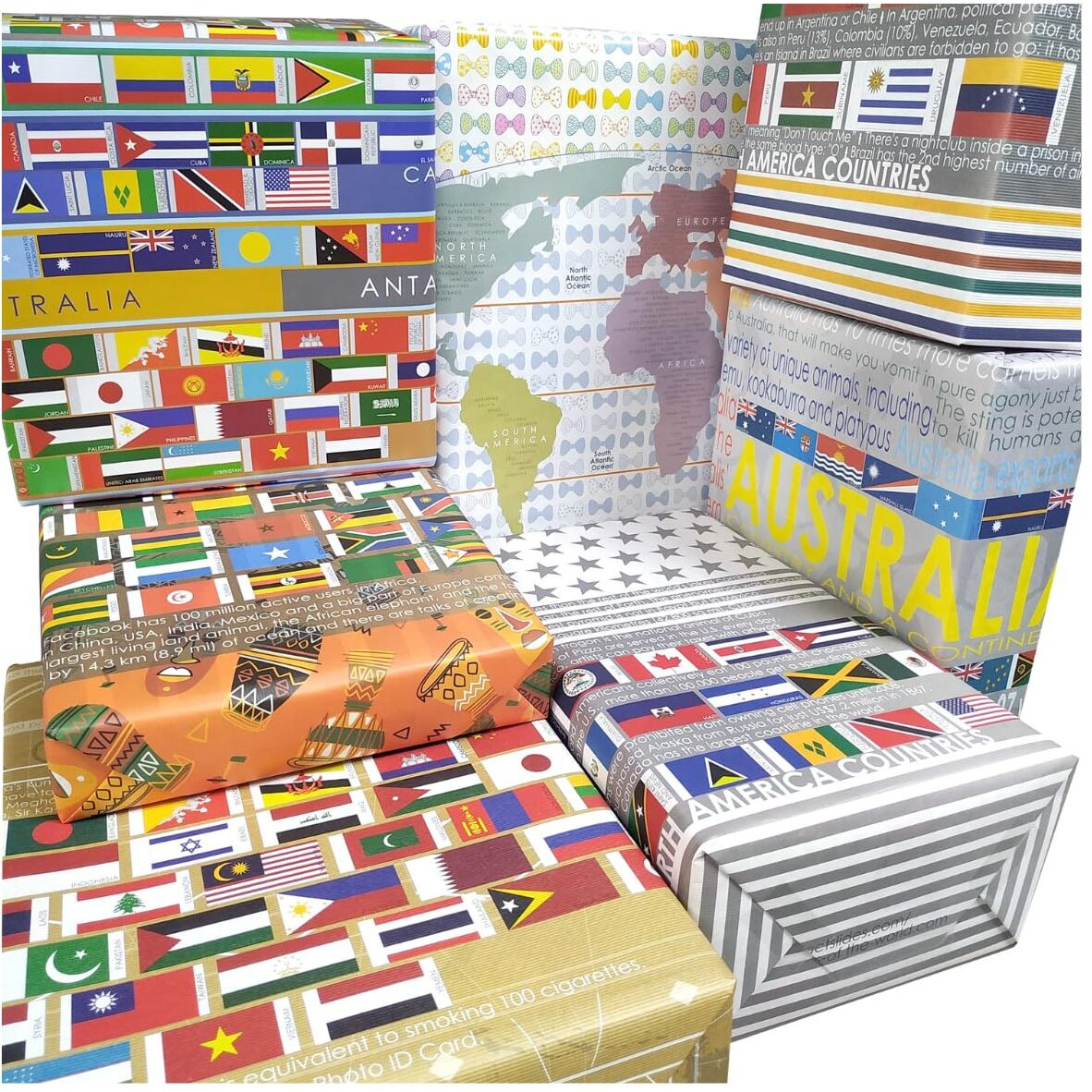 Evince Gift Wrapping Paper | All 7 Continent Country Flags And Few Facts | Birthday Office Gifts Anniversary Theme Party Business Gifting | Diwali Christmas Greeting | Set Of 7 Recyclable Wrapper