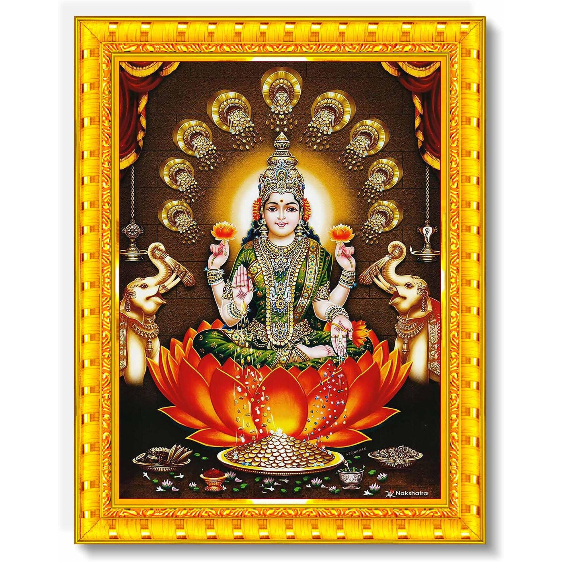 Pavan Photo Laminations Goddess Lakshmi Devi Dhana Vaibhav Laxmi Maa Wall Painting Framed Home Decor (Wood,Matte,Gold,Small Size,6 X 8 Inch) R321S