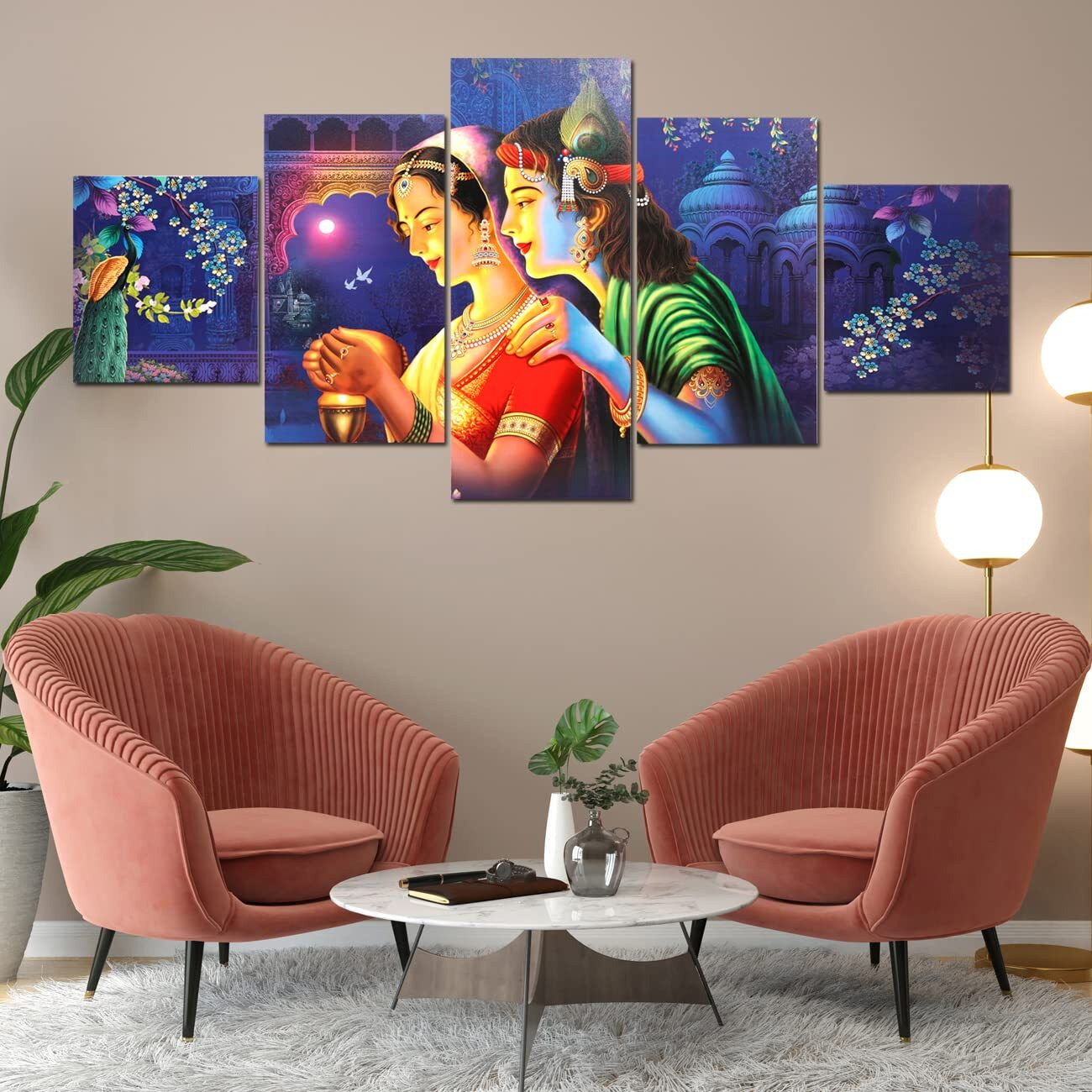 Perpetual Radha Krishna Painting | Painting For Wall Decoration | Scenery For Wall Painting | 3D Radha Krishna Frames For Wall | Wall Painting For Living Room | Set Of 5 (75X43 Cm)