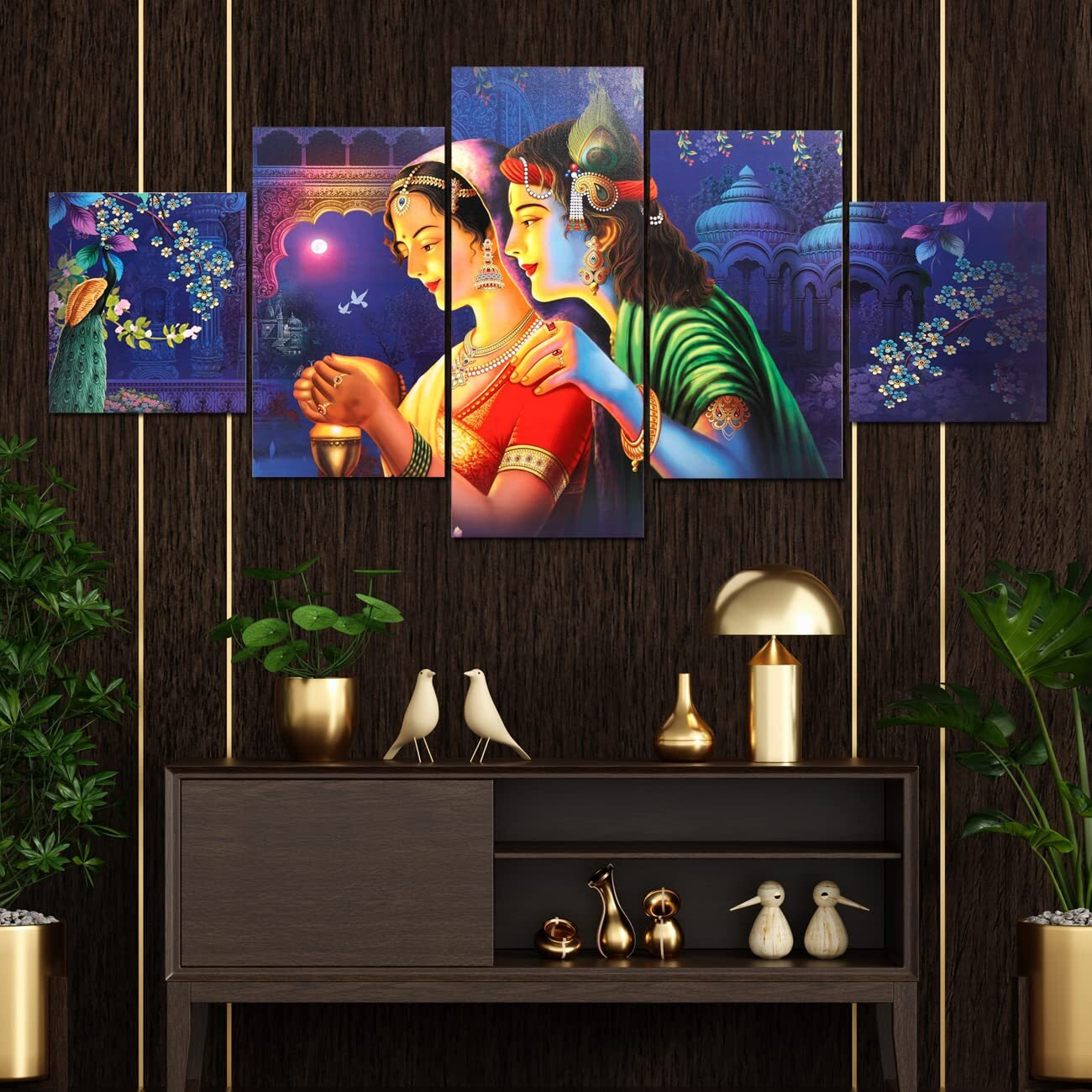 Perpetual Radha Krishna Painting | Painting For Wall Decoration | Scenery For Wall Painting | 3D Radha Krishna Frames For Wall | Wall Painting For Living Room | Set Of 5 (75X43 Cm)
