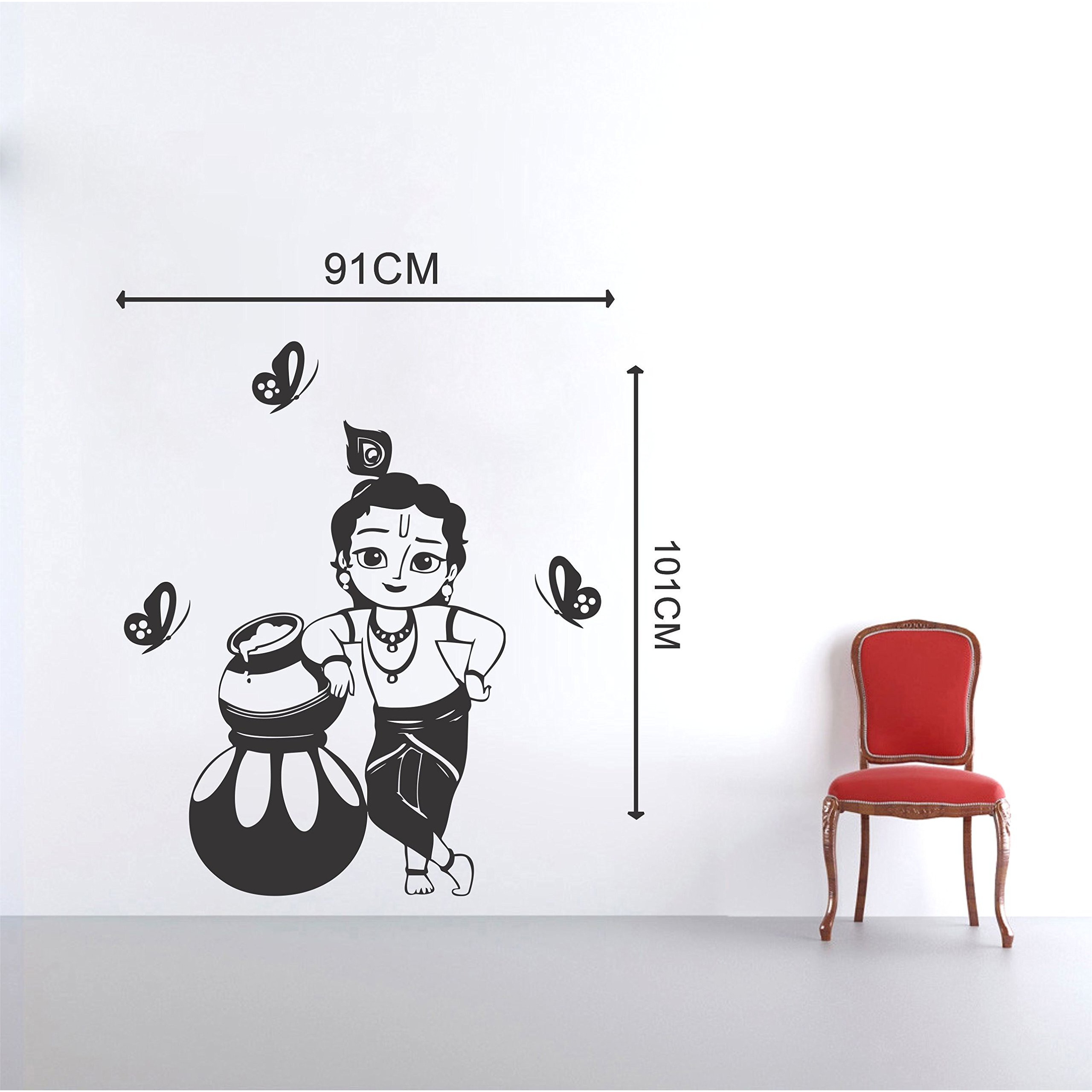Sticker Yard Bal Krishna With Butterflies Wall Sticker & Decal (Color - Black Matte Finish Pvc Vinyl Size -91Cm X 104Cm)