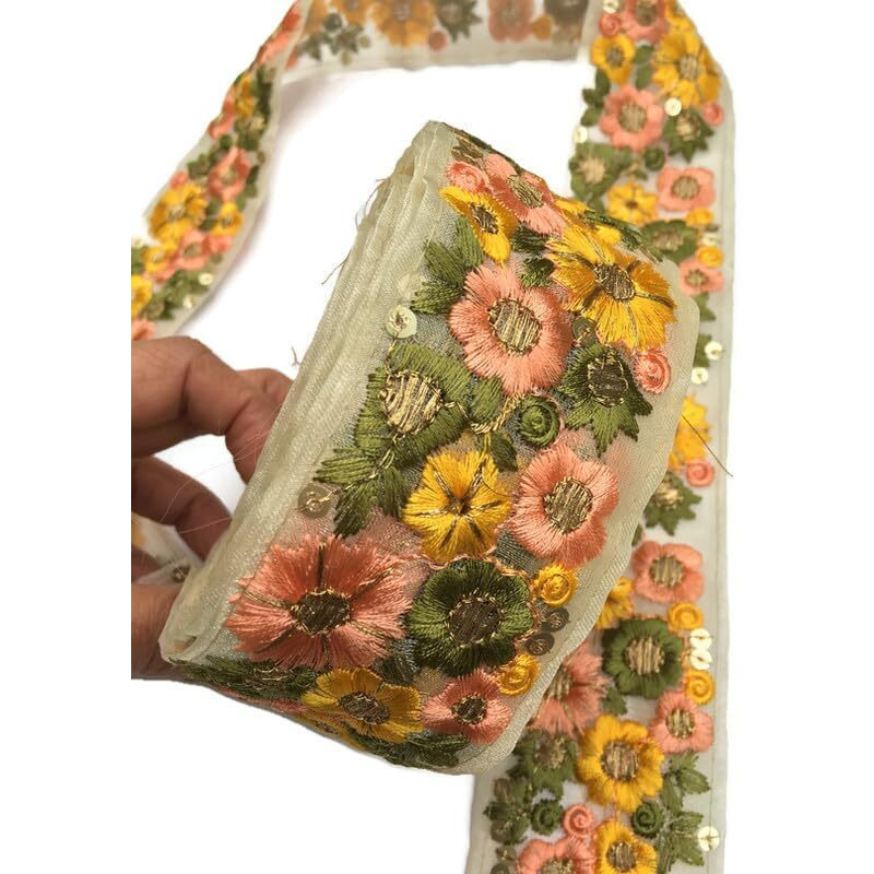 Sync Broad Yellow Orange Lace Border Materials 5.5 Cm Green Embroidered Embroidery Golden Sari Floral Flower Saree Blouse Dress Gown Decoration 9 Metre