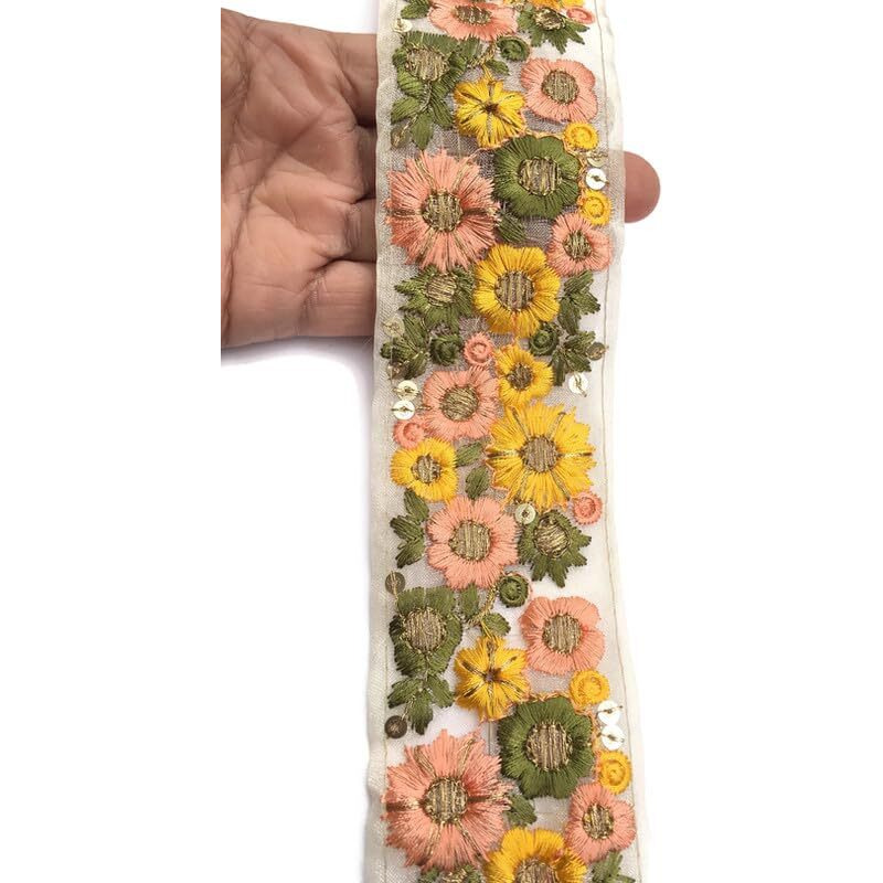 Sync Broad Yellow Orange Lace Border Materials 5.5 Cm Green Embroidered Embroidery Golden Sari Floral Flower Saree Blouse Dress Gown Decoration 9 Metre