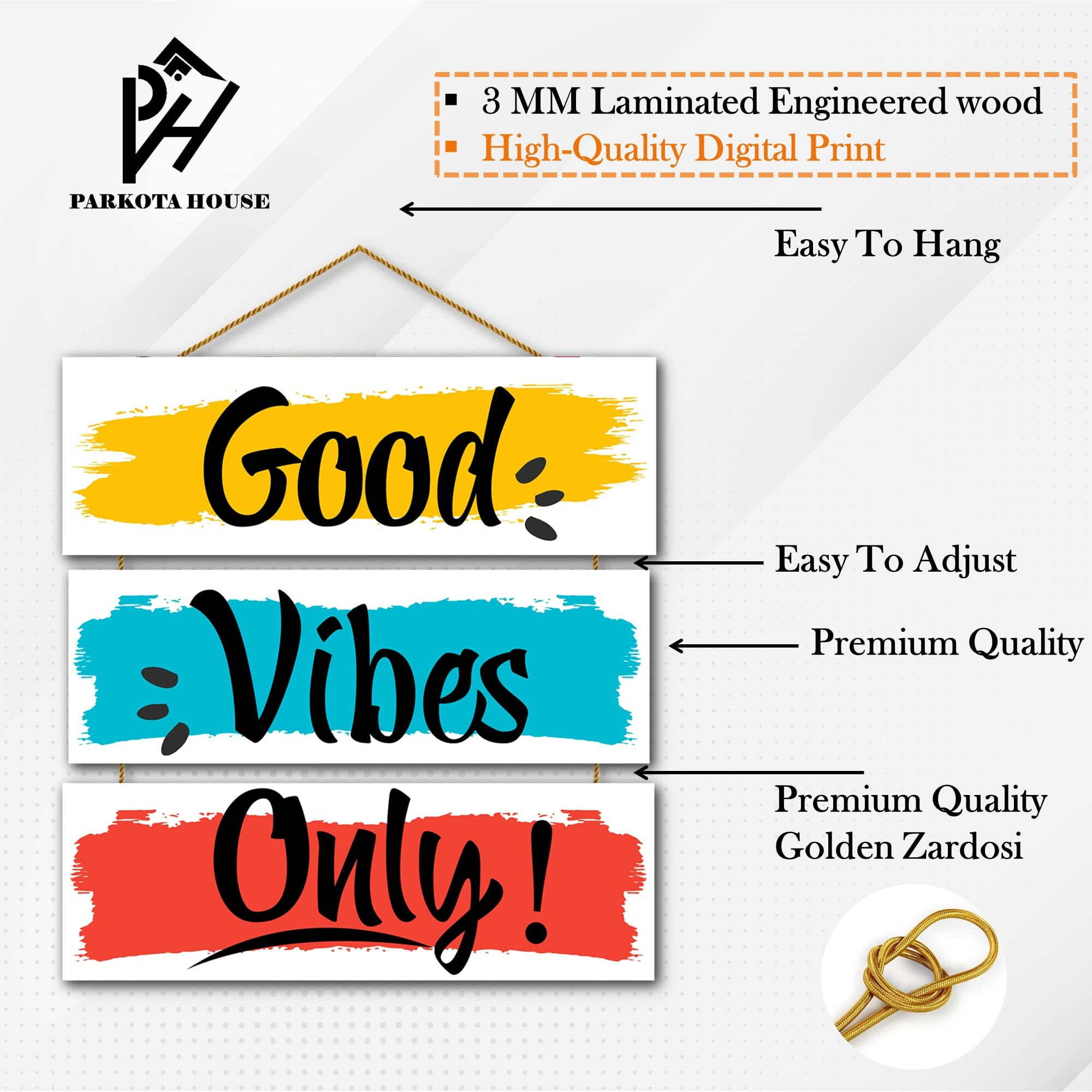 Parkota House Good Vibes Only Wooden Wall Hanging For Home Decor Bedroom Living Room/Office/Home Decor-Set 3