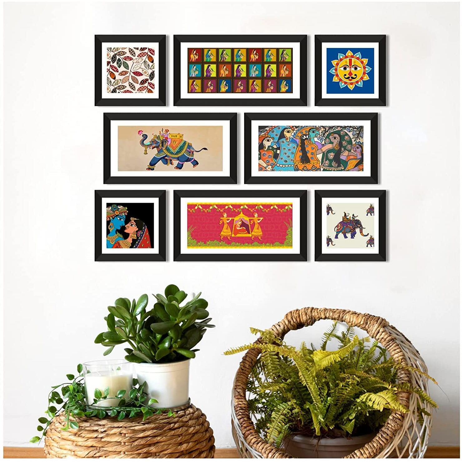 Printelligent Wall Art Madhubani Indian Framed Painting For Wall Decoration Big Size For Living Room. Painting For Drawing Room Hall Bedroom Wall Art Panels Hanging Set Of 8. (Art Deco_01)