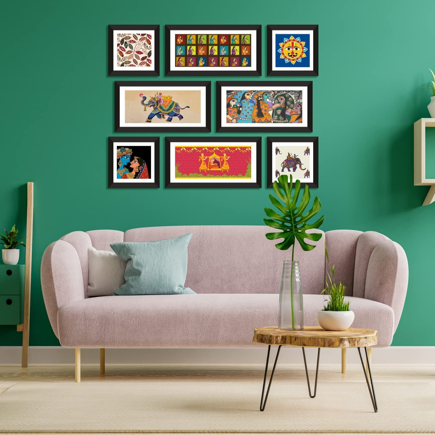 Printelligent Wall Art Madhubani Indian Framed Painting For Wall Decoration Big Size For Living Room. Painting For Drawing Room Hall Bedroom Wall Art Panels Hanging Set Of 8. (Art Deco_01)