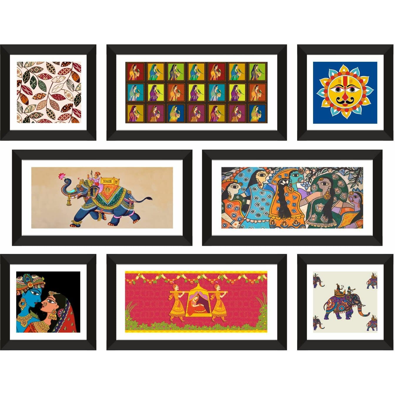 Printelligent Wall Art Madhubani Indian Framed Painting For Wall Decoration Big Size For Living Room. Painting For Drawing Room Hall Bedroom Wall Art Panels Hanging Set Of 8. (Art Deco_01)