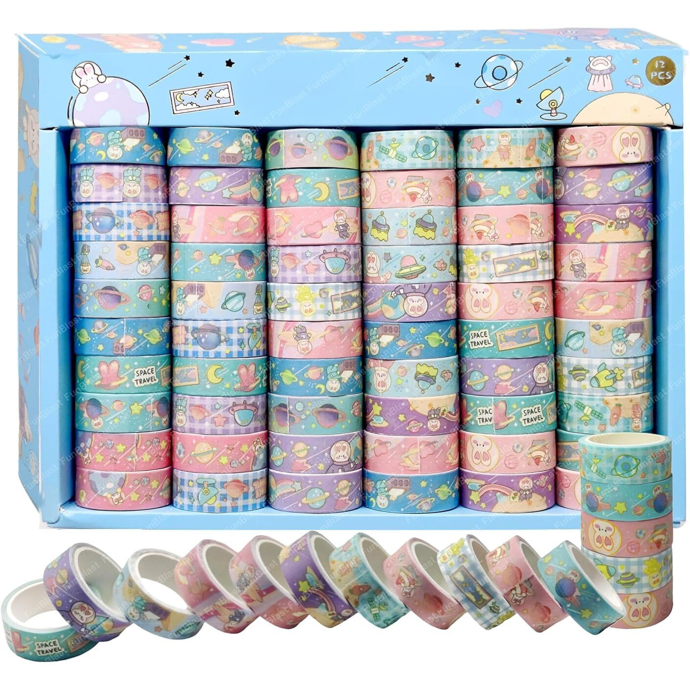 Funblast Kawaii Washi Tape, Space Theme Self Adhesive Decoration Paper Tape, 60 Tape Rolls, Decorative Masking Tapes For Arts, Diy Crafts, Scrapbook, Wrapping, Journals, Planners (Design-3)
